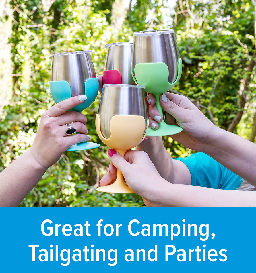 Camco Wine Tumbler Life is Better at The Campsite | Heavy Duty Double Wall Vacuum Insulation | Crafted of 18/8 Stainless Steel | Removable Green, Yellow, Blue & Pink Stems | 4-Pk, 8-oz/Each (53068)