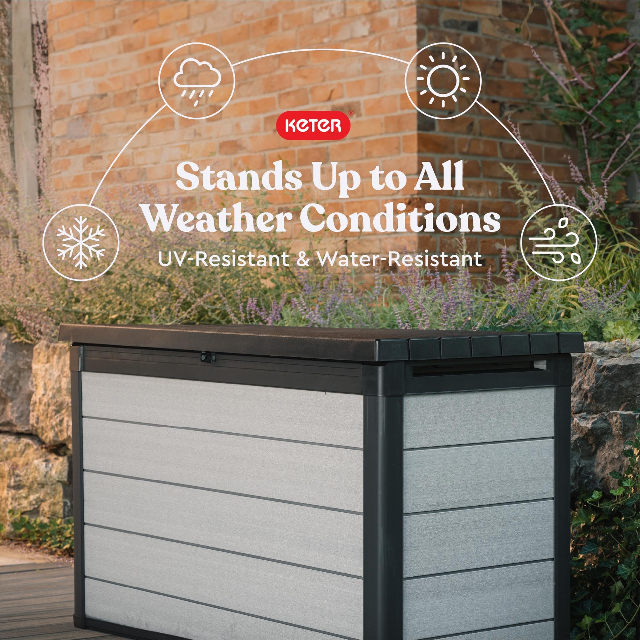 Keter 200 Gallon Denali Resin Large Deck Box with Double Wall 20mm Panels - Paintable and Drillable-Organization and Storage for Patio Furniture and Outdoor Items, Grey & Black