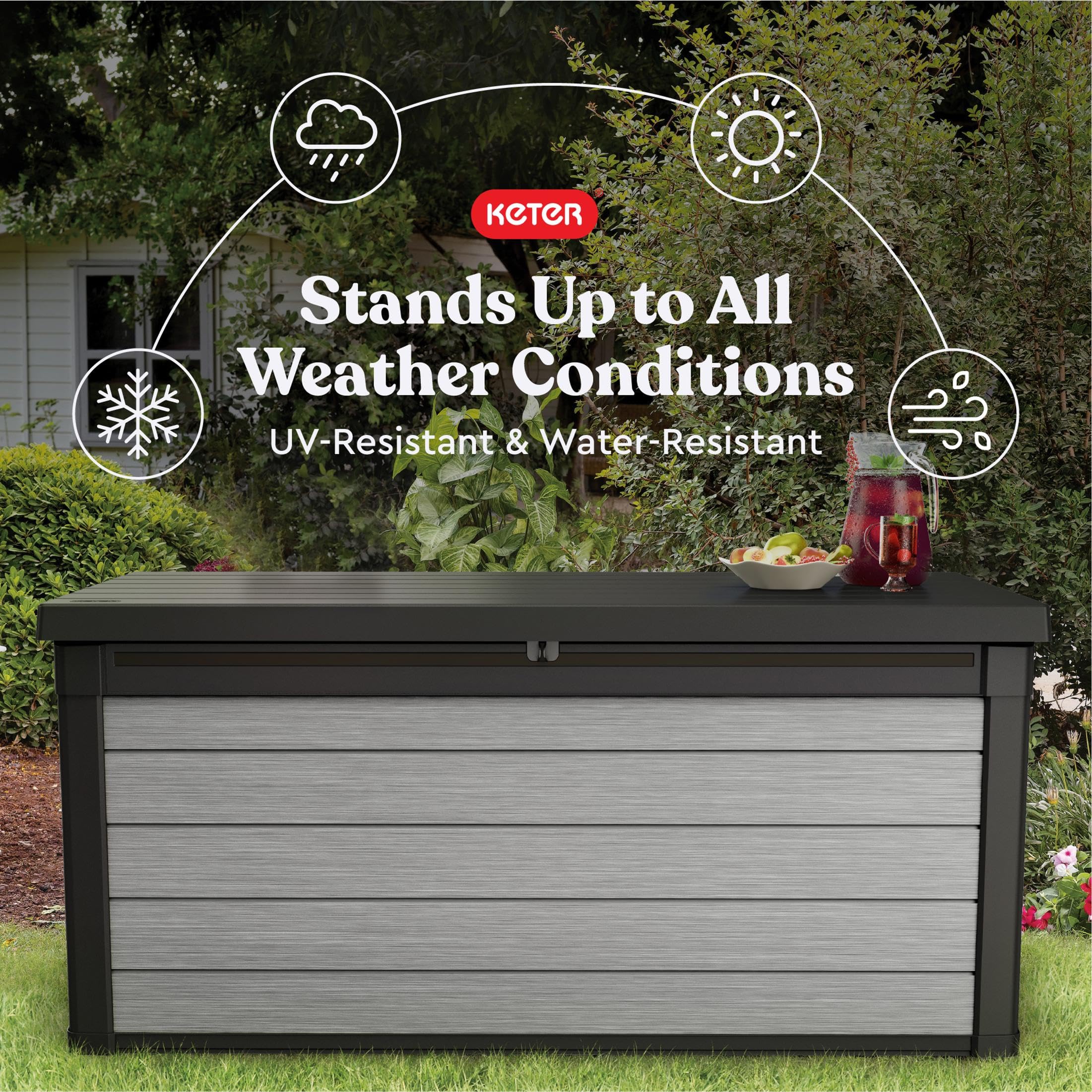 Keter 150 Gallon Denali Resin Large Deck Box with Double Wall 20mm Panels - Paintable and Drillable-Organization and Storage for Patio Furniture and Outdoor Items, Grey & Black