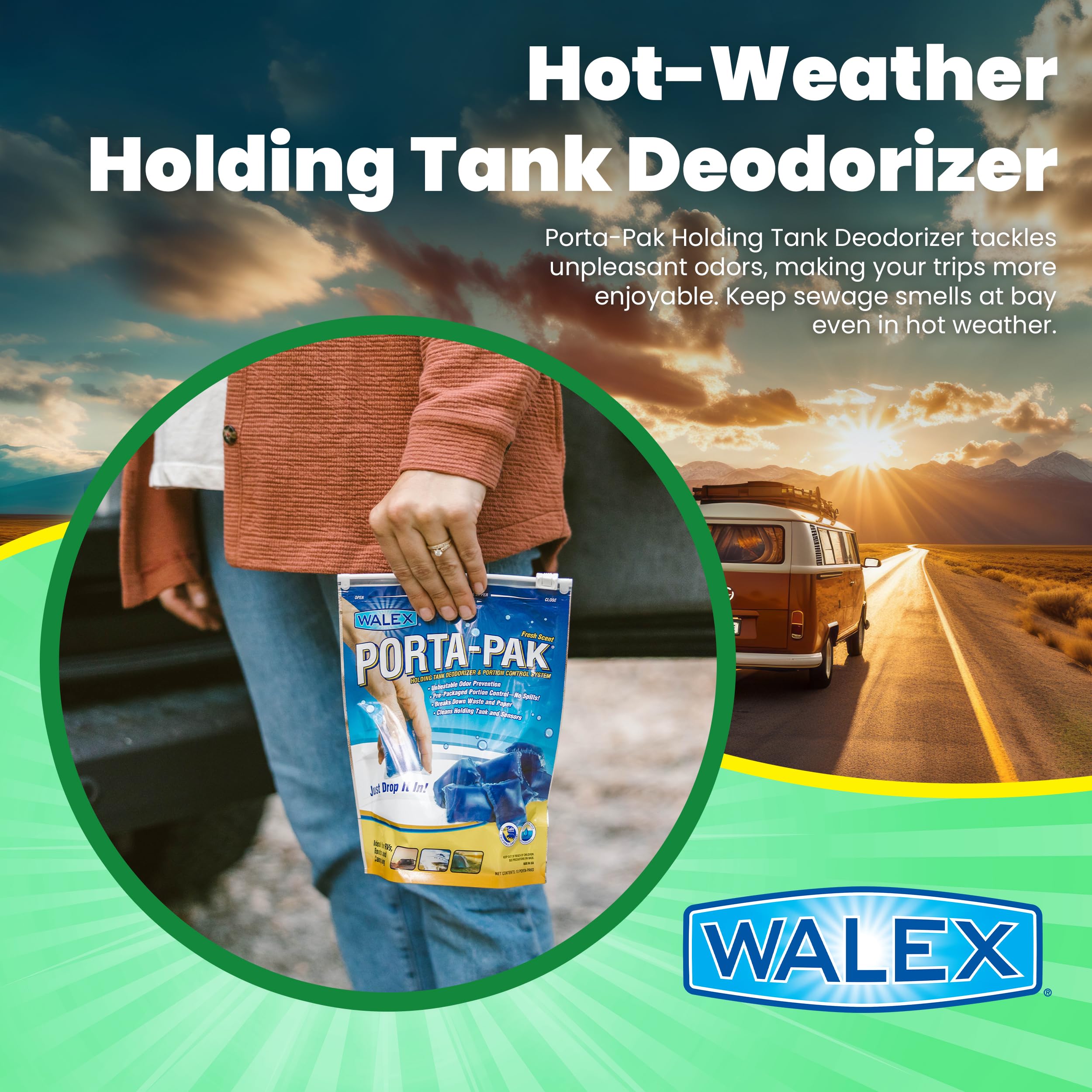 Walex Black Porta-Pak Holding Tank Deodorizer & Portion Control System Drop-Ins - Rapid Breakdown of Waste & Paper, Odor Prevention, Cleans Tank & Sensors - Fresh Scent, 10-Pack