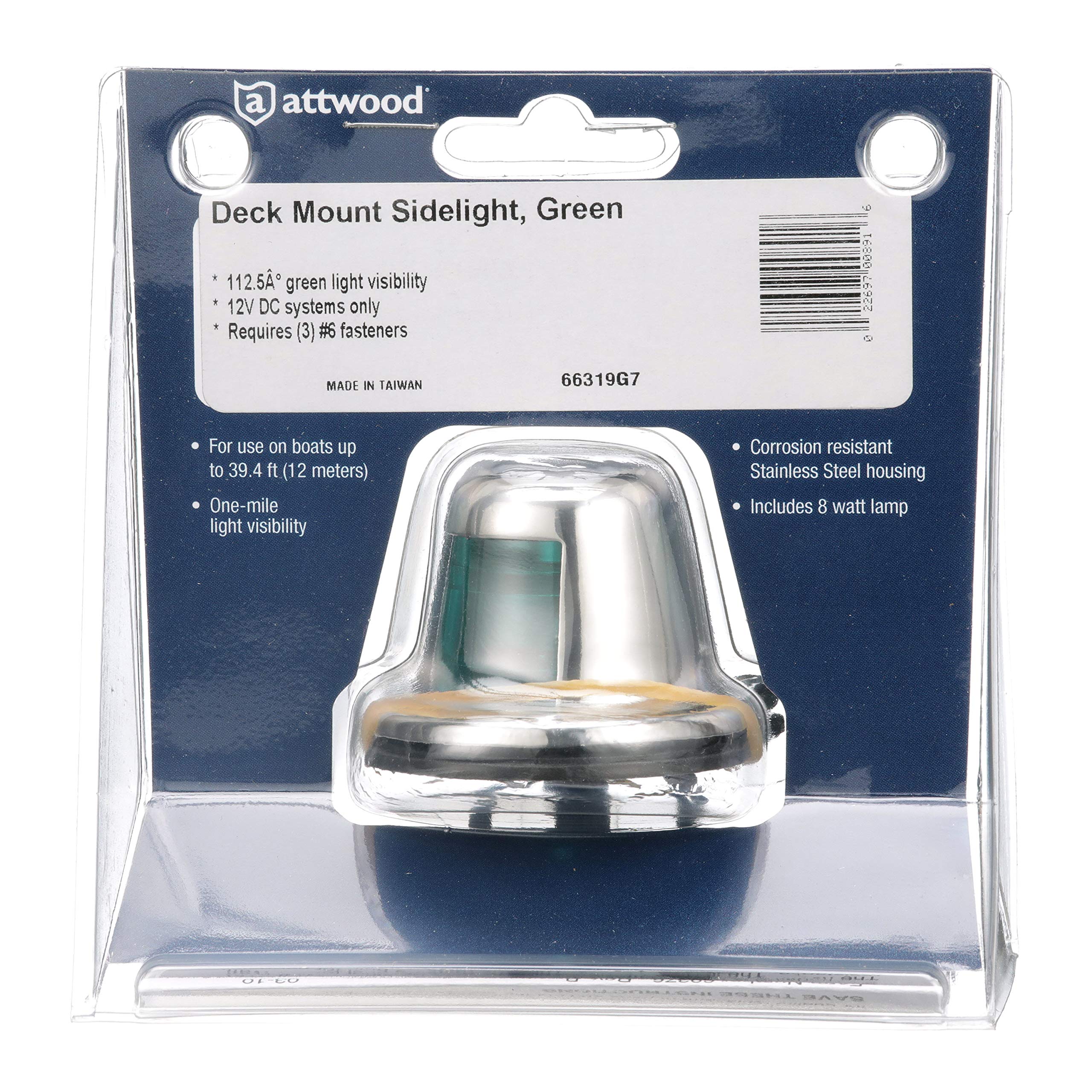 1-Mile Attwood Sidelights, Pair, Stainless Steel Housing, Deck Mount, Each Provides 1-Mile, 112.5-Degree Visibility, 12V