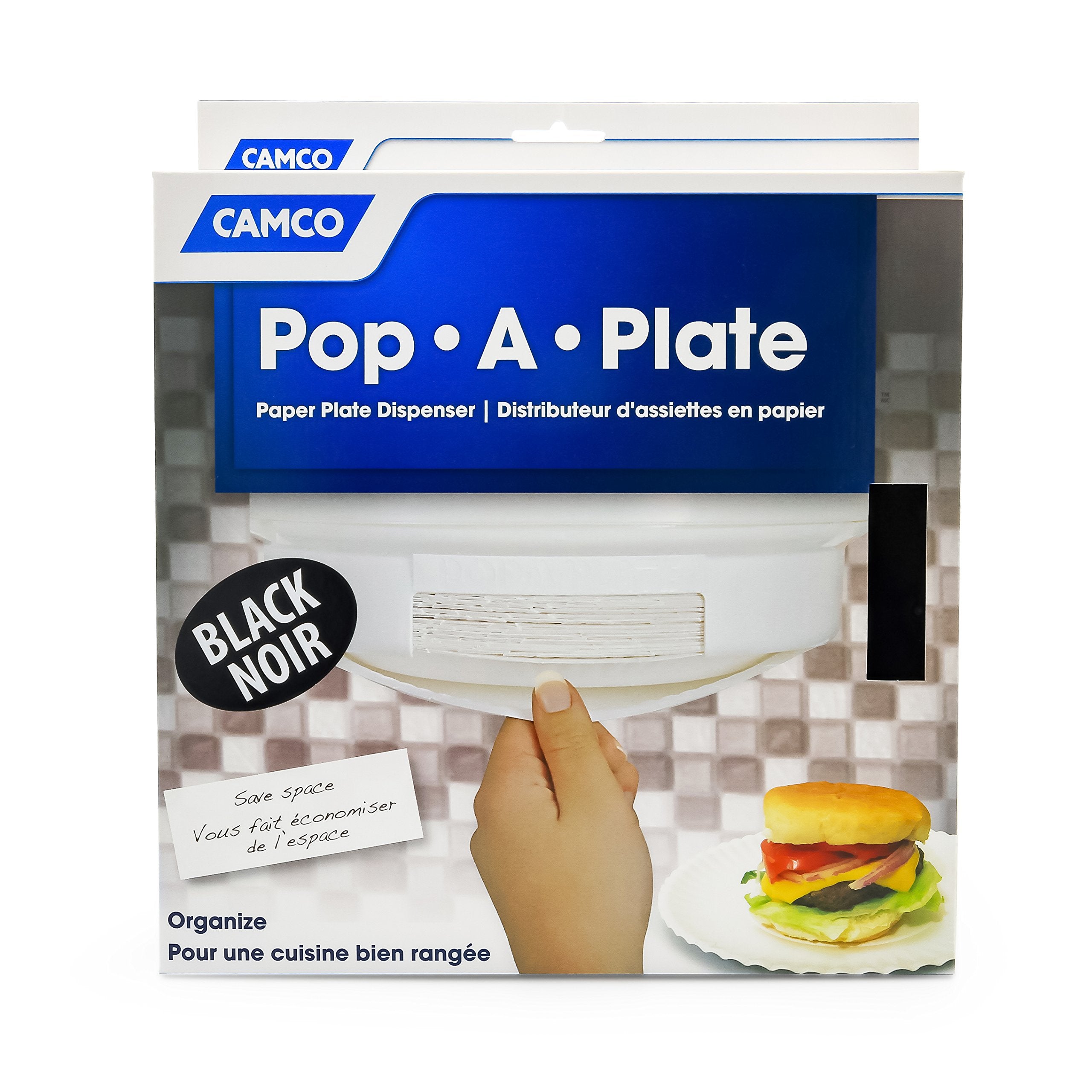 Pop-A-Plate Camco 9-inch Plastic Plate Dispenser | Ideal for Compact Spaces, RVs and Trailers | Mounts Under Cabinets or Shelves | Black (57006)