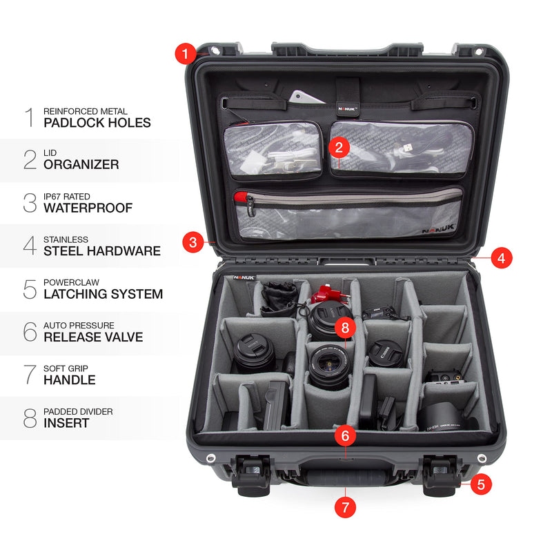 Waterproof Nanuk 933 Hard Case with Lid Organizer and Padded Divider - Graphite
