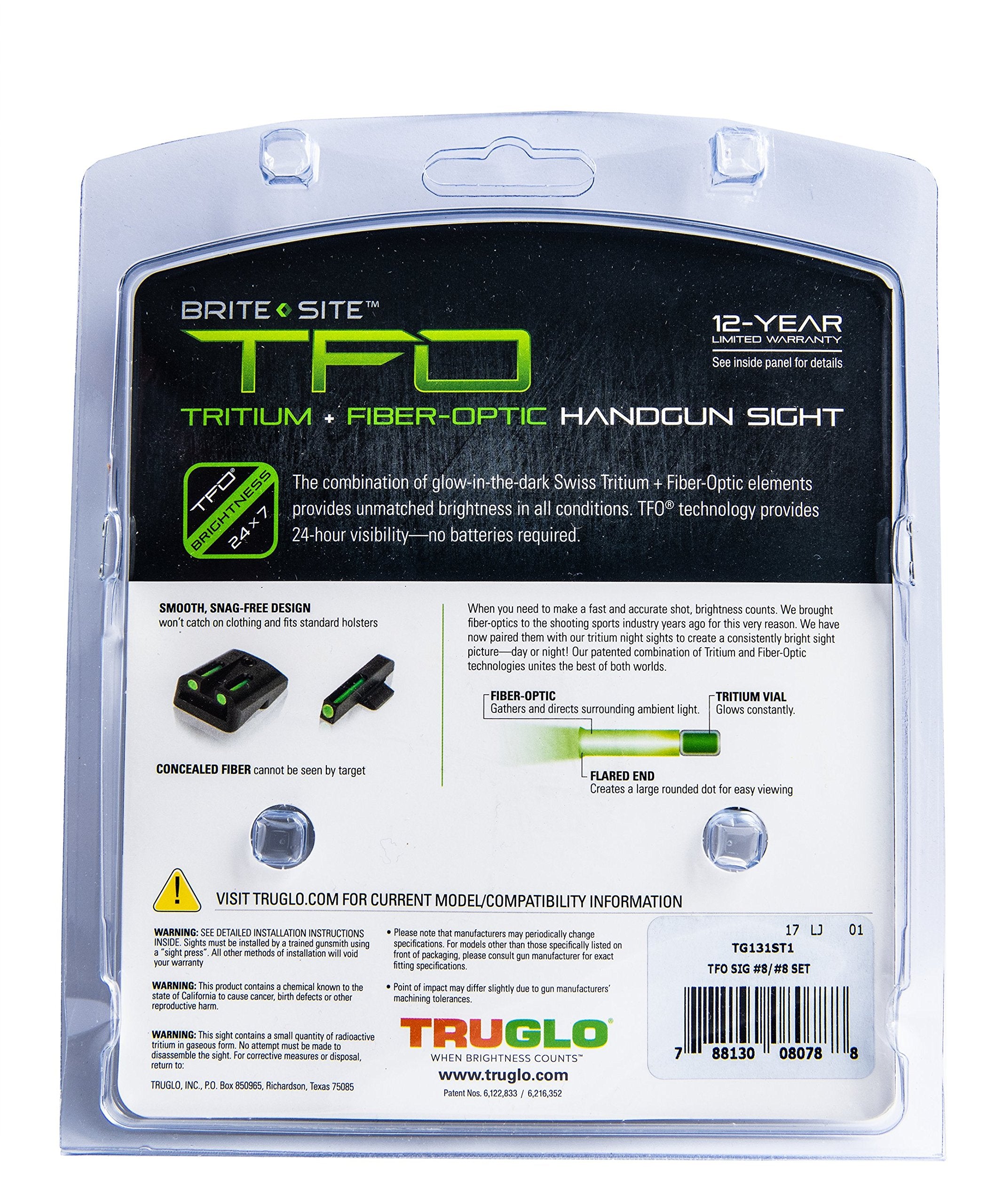 TFO TRUGLO Tritium & Fiber-Optic Handgun Sight | Durable Compact High-Visible Green Front & Green Rear Night Sight Set, Compatible with #8 Sig Sauer Front / #8 Rear