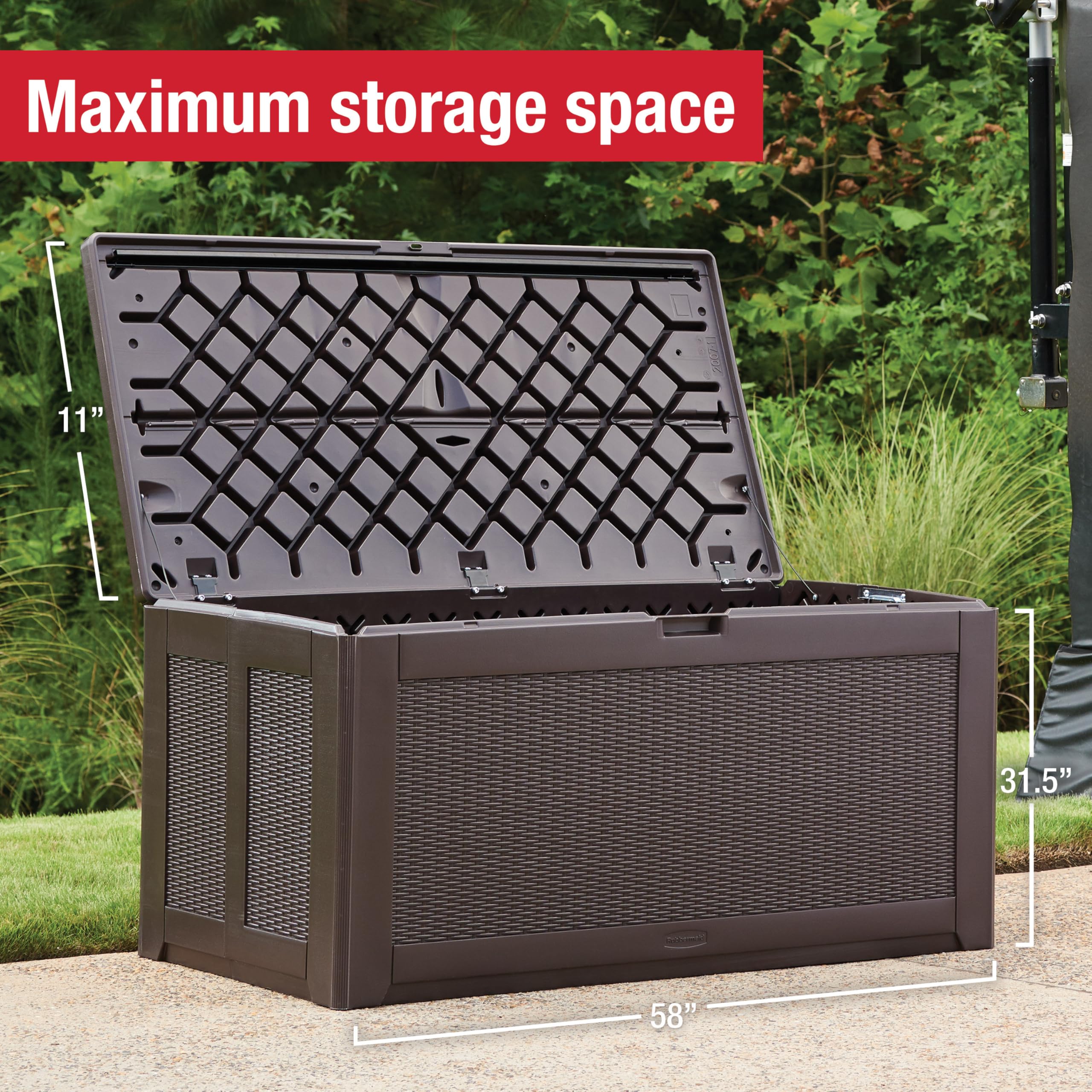 Rubbermaid Outdoor Storage Extra Large Deck Box (134 Gal), Weather Resistant, Brown, Deck Organization for Home/Backyard/Pool Chemicals/Toys/Garden Tools/Porch/Patio Cushions