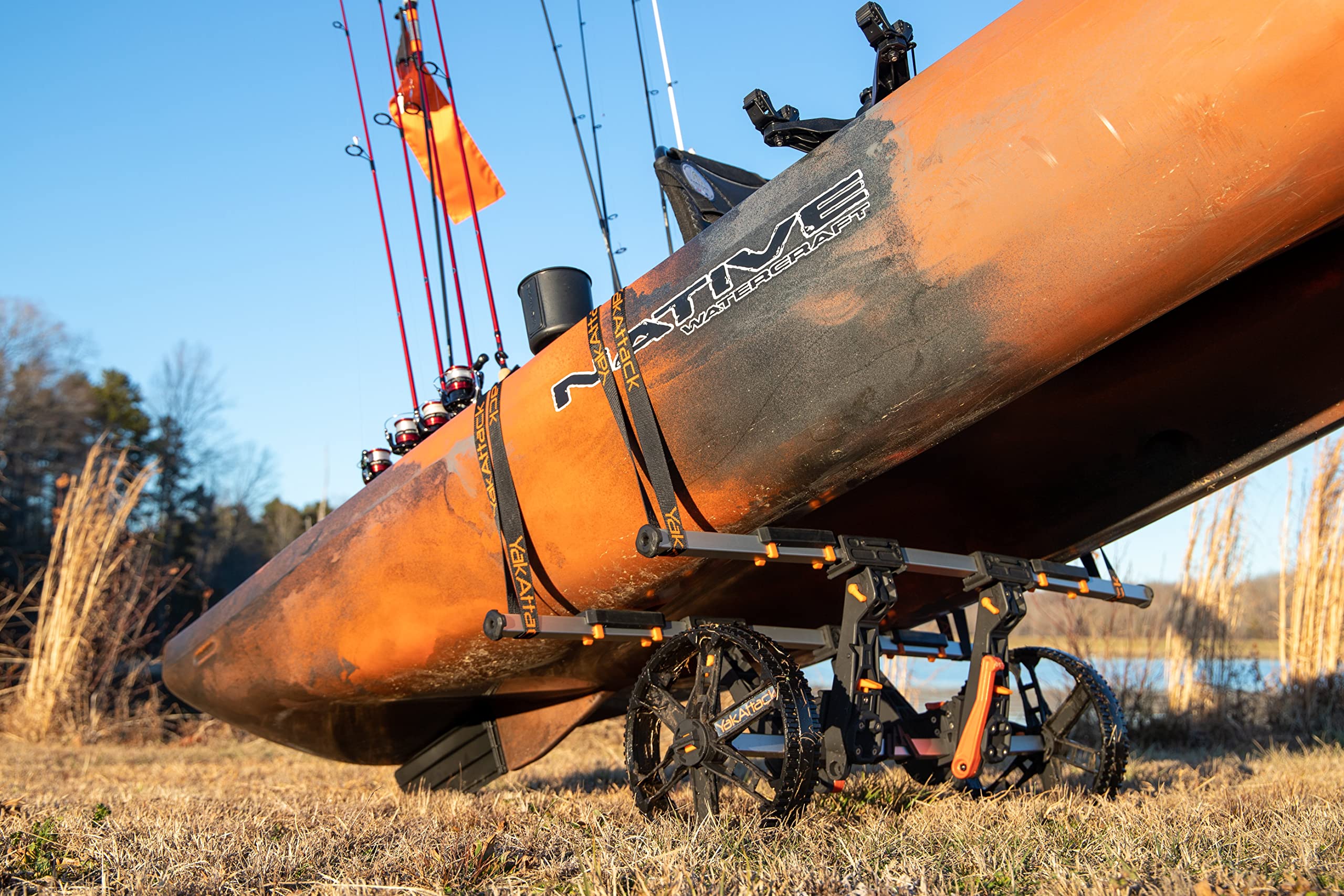 YakAttack BarCart TowNStow | Universal Kayak Dolly Cart with Adjustable Bunk Pads | Fold to Fit in-Hull | Heavy Duty Wheels for Rough Terrain | Tool-Free Setup | Transport Carrier for Canoes & SUPs