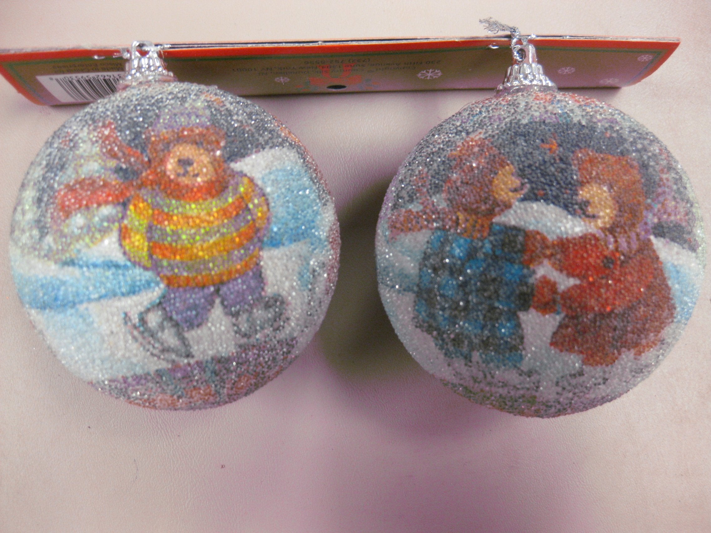 Frosted Plastic Beaded Ball Ornament With Winter Festive Holiday Scene