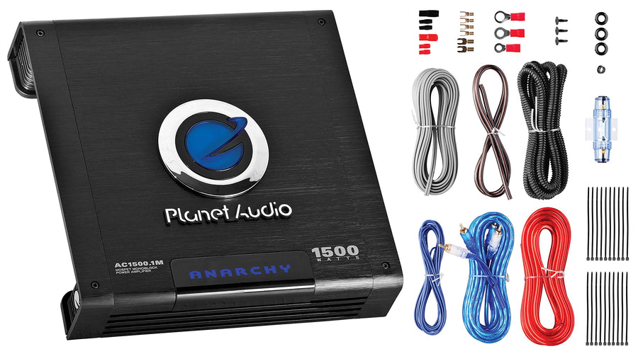 Anarchy Series Planet Audio AC1500MK Monoblock Class A/B Car Amplifier and 8 Gauge Wiring Kit - 1500 High Output, Hook Up to Subwoofer for Bass