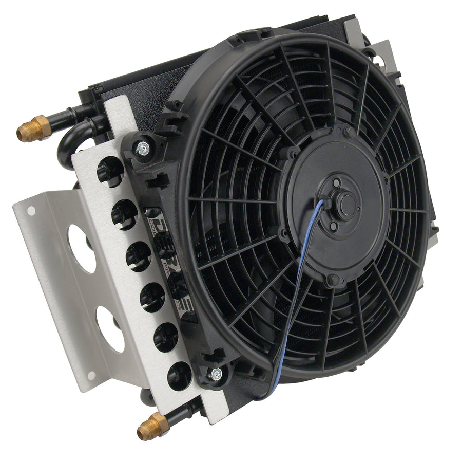 Fluid Cooler and Fan, 15-3/4 x 11-1/2 x 5 in, Tube Type, Fittings, 6 AN Male Inlet/Outlet, Aluminum/Copper, Black Powder Coat, Universal, Each