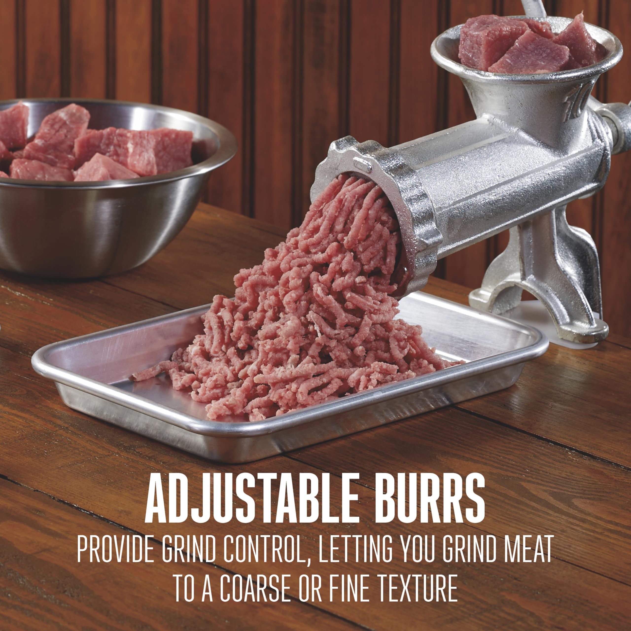 Weston Manual #10 Tinned Meat Grinder and Sausage Stuffer, 4.5mm & 10mm plates, + 3 sausage funnels, Silver