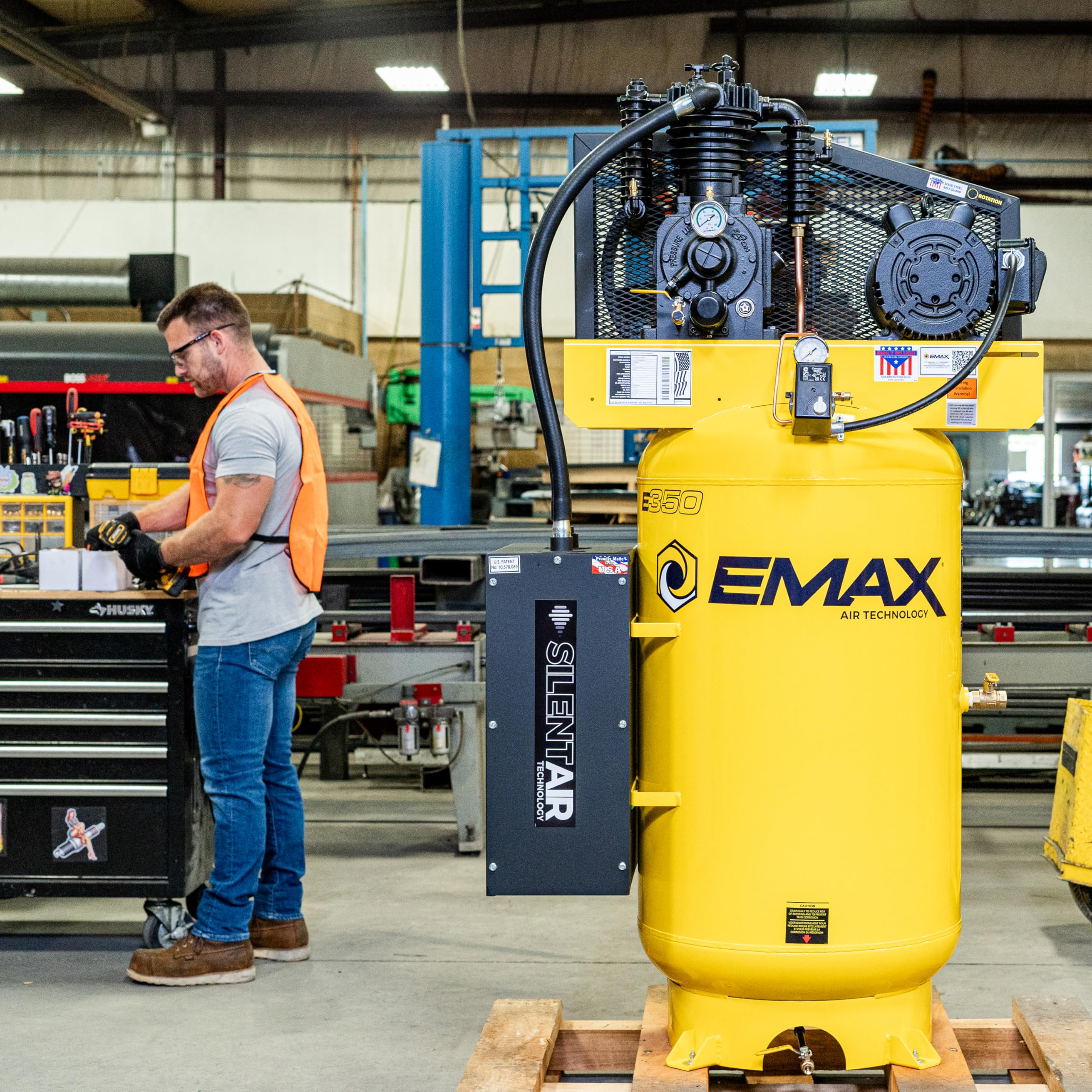 EMAX E350 Air Compressor Stationary - 5HP 80 Gal 2 Stage Silent System with Pressure Lubricated Pump, Includes Oil for First Change - ES05V080I1