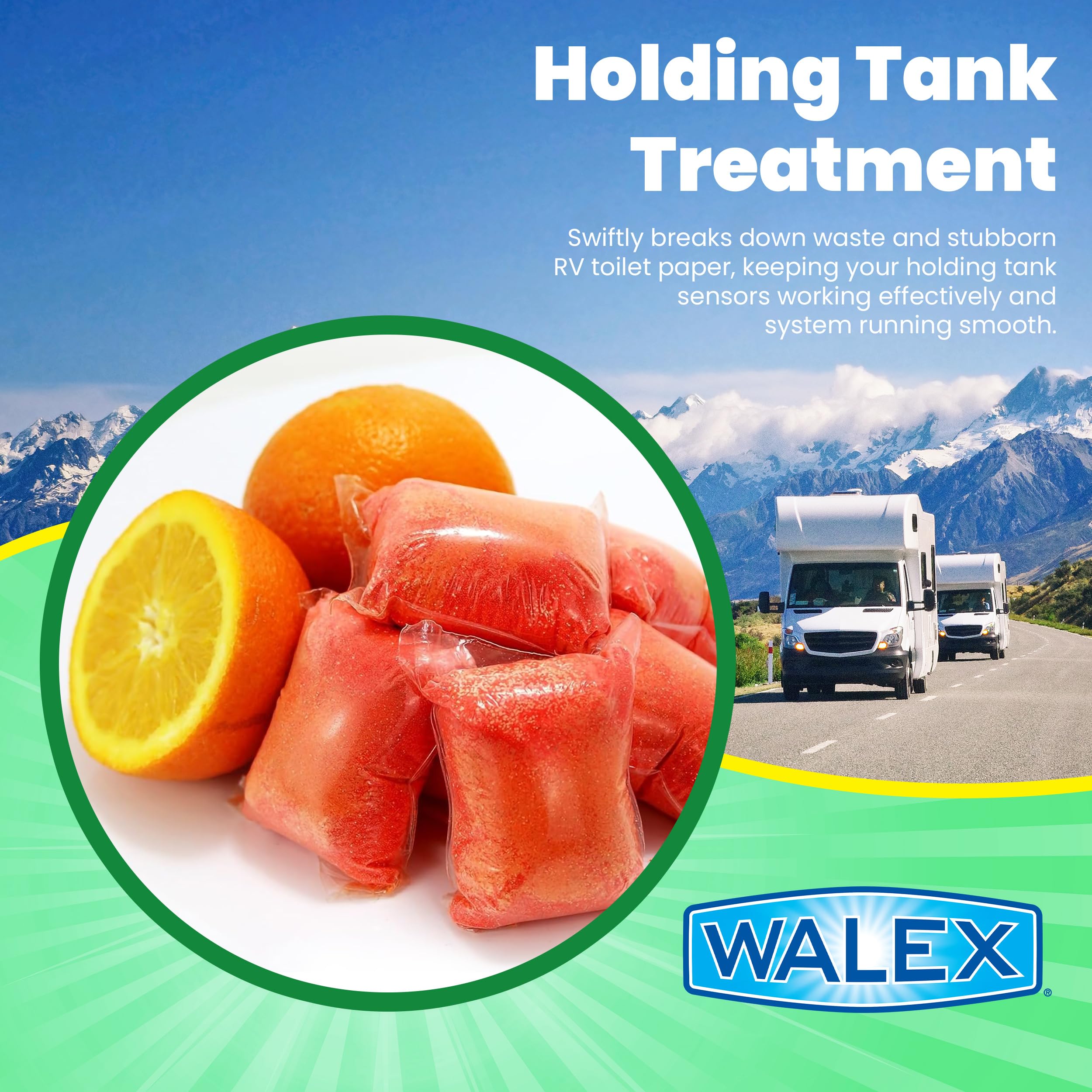 Citra-Pak Walex RV/Marine Holding Tank Deodorizer Drop-Ins - Waste Breakdown & Odor Control, Cleans Holding Tank & Sensors, Biocide-Free, Treatment for RVs, Boats, & Portable Toilets - Citrus, 30 Pack