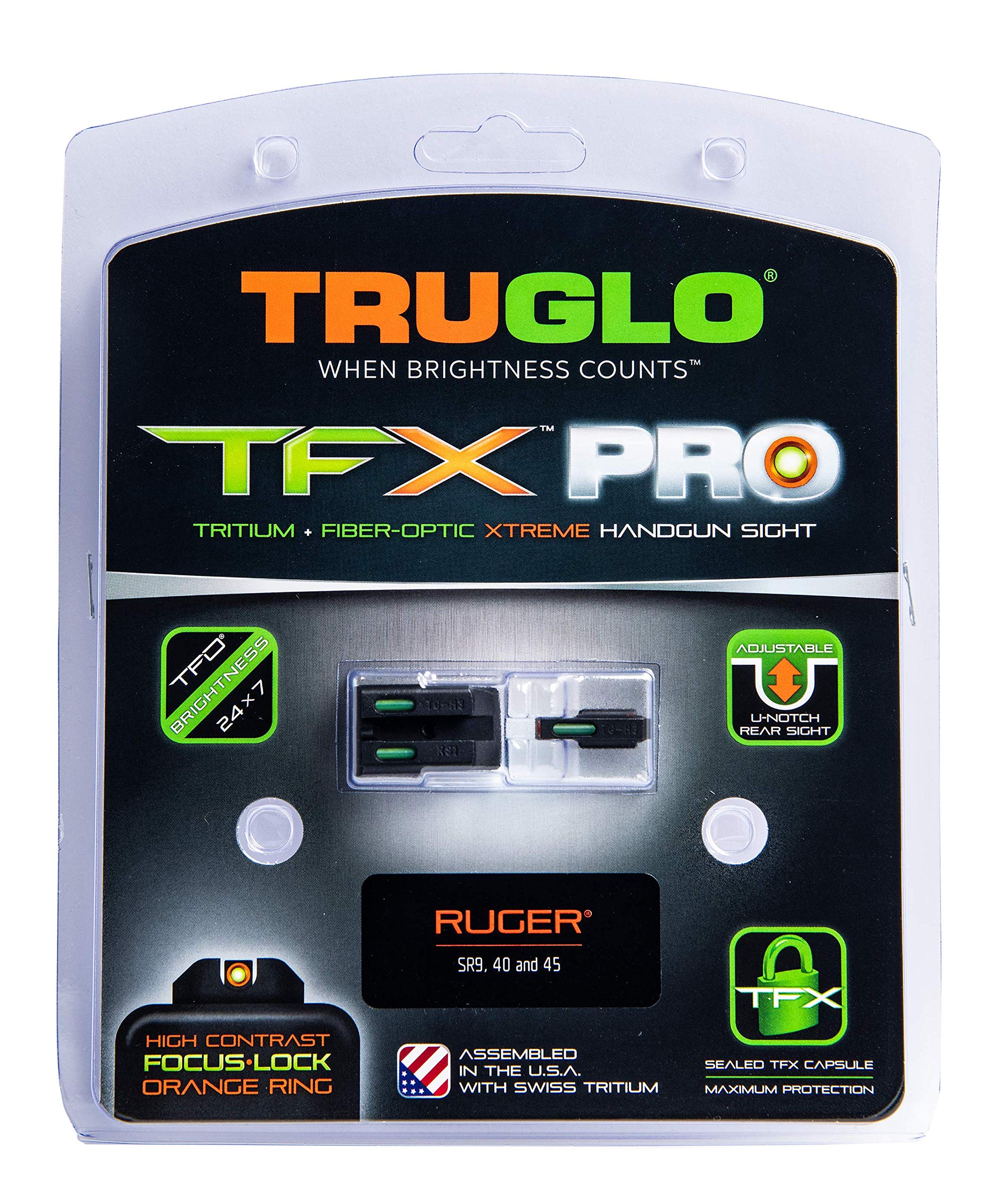Tritium and Fiber Optic Xtreme Handgun Sights for Ruger Pistols, TRUGLO TFX Pro Black