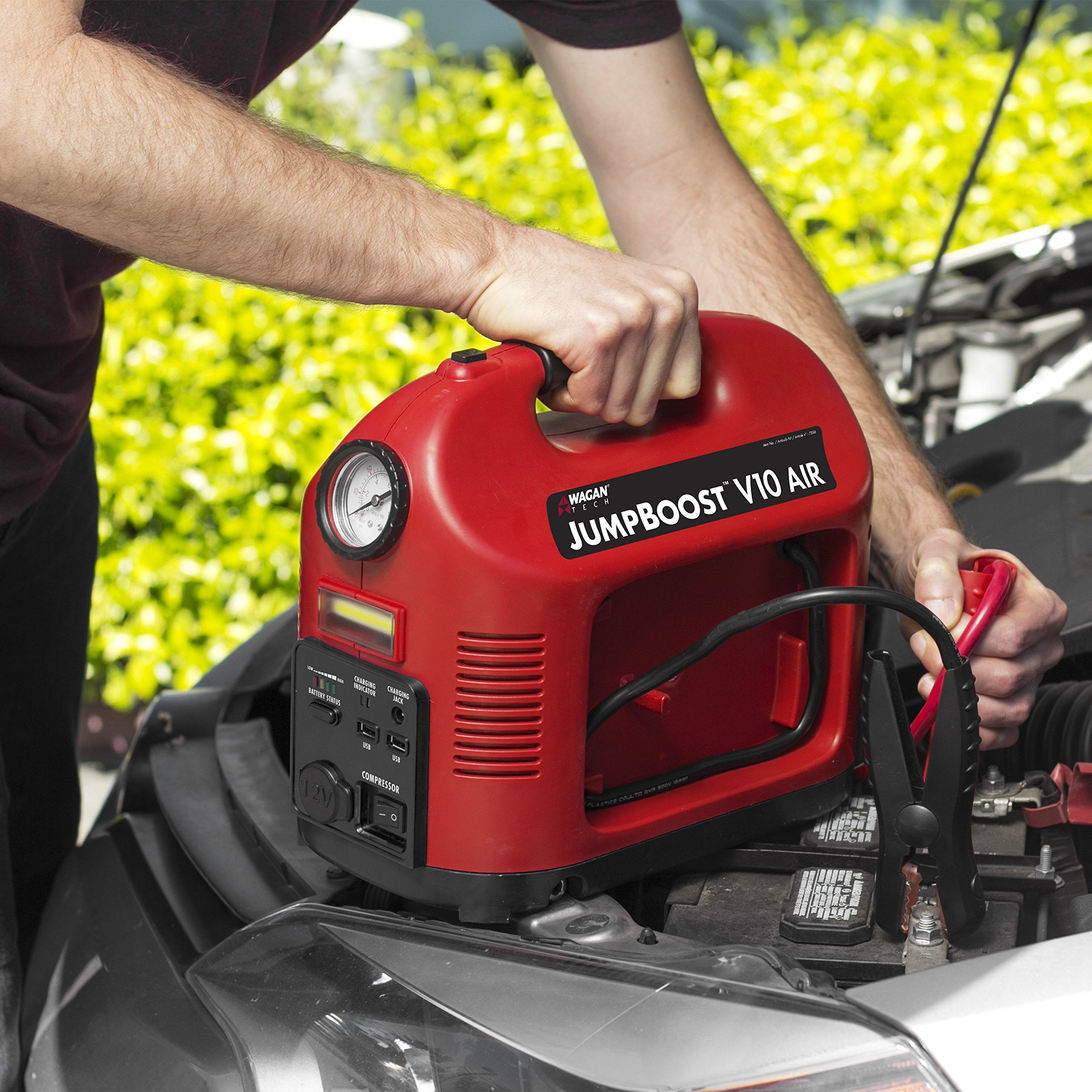 Wagan Jumpboost EL7556 V10 Air 1200 Peak Amps 12V Jump Starter with 150 PSI Powerful Air Compressor Tire Inflator, 1 Built-in DC Socket and 2A USB Port, Work Light
