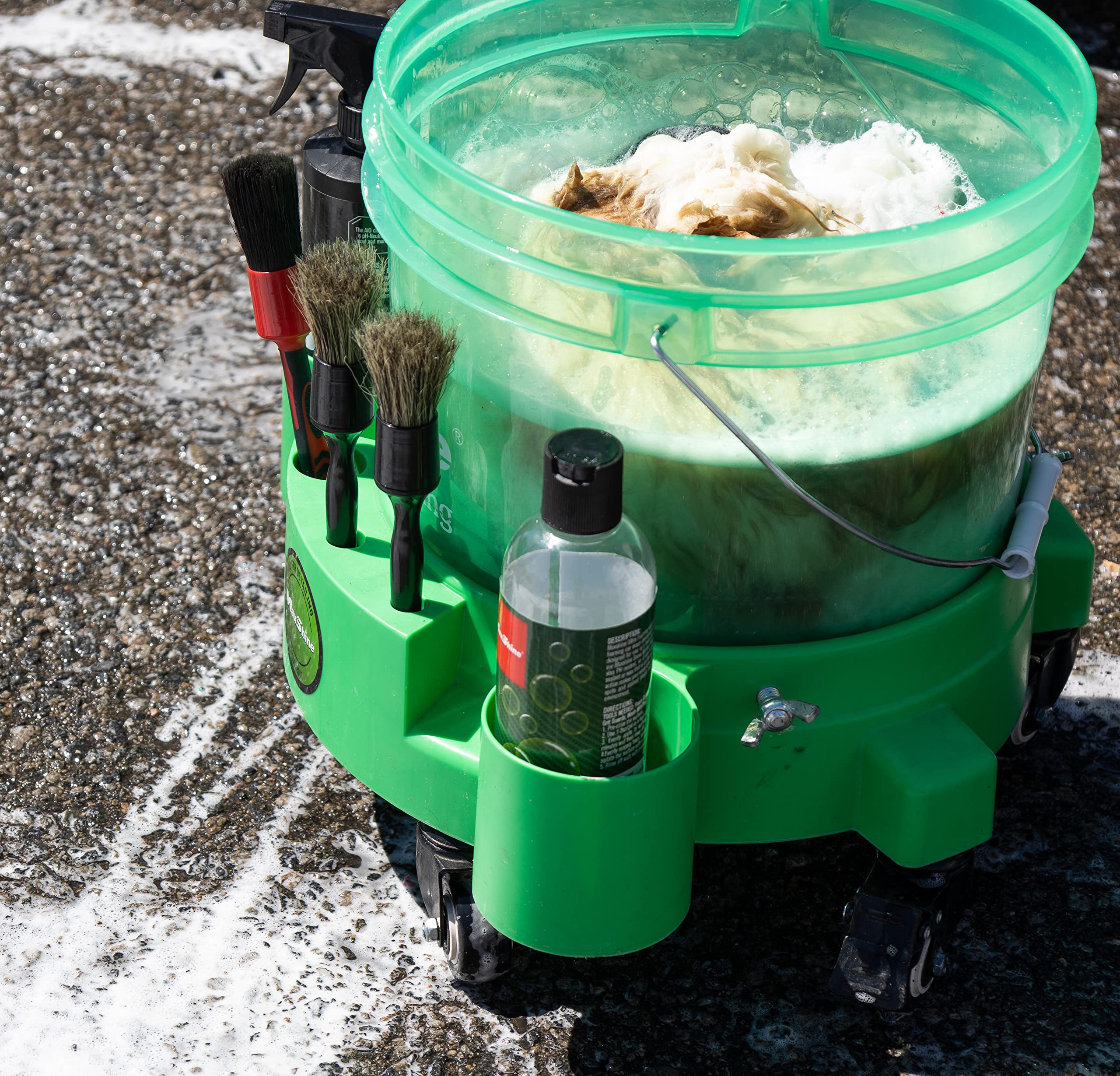 Maxshine Rolling Utility Cart Bucket Dolly, 5-Gallon, Green, Polypropylene, 5 Wheels, Tool Organizer | 360° Mobility, Stable Cleaning Supply Storage for Detailing and Workshop Use