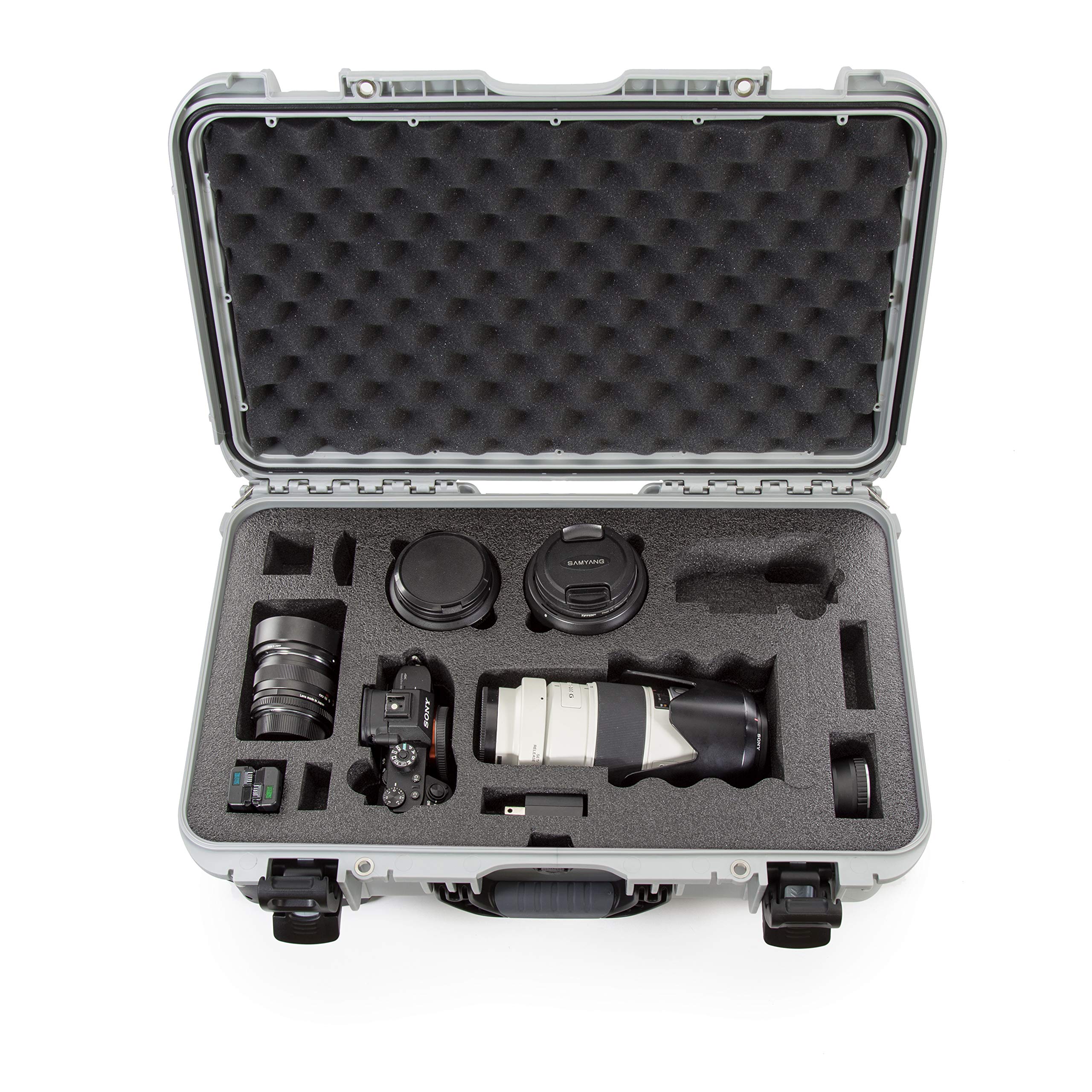 Waterproof Nanuk 935 Carry-On Hard Case with Custom Foam Insert for Sony a7R Size Camera w/Wheels - Silver