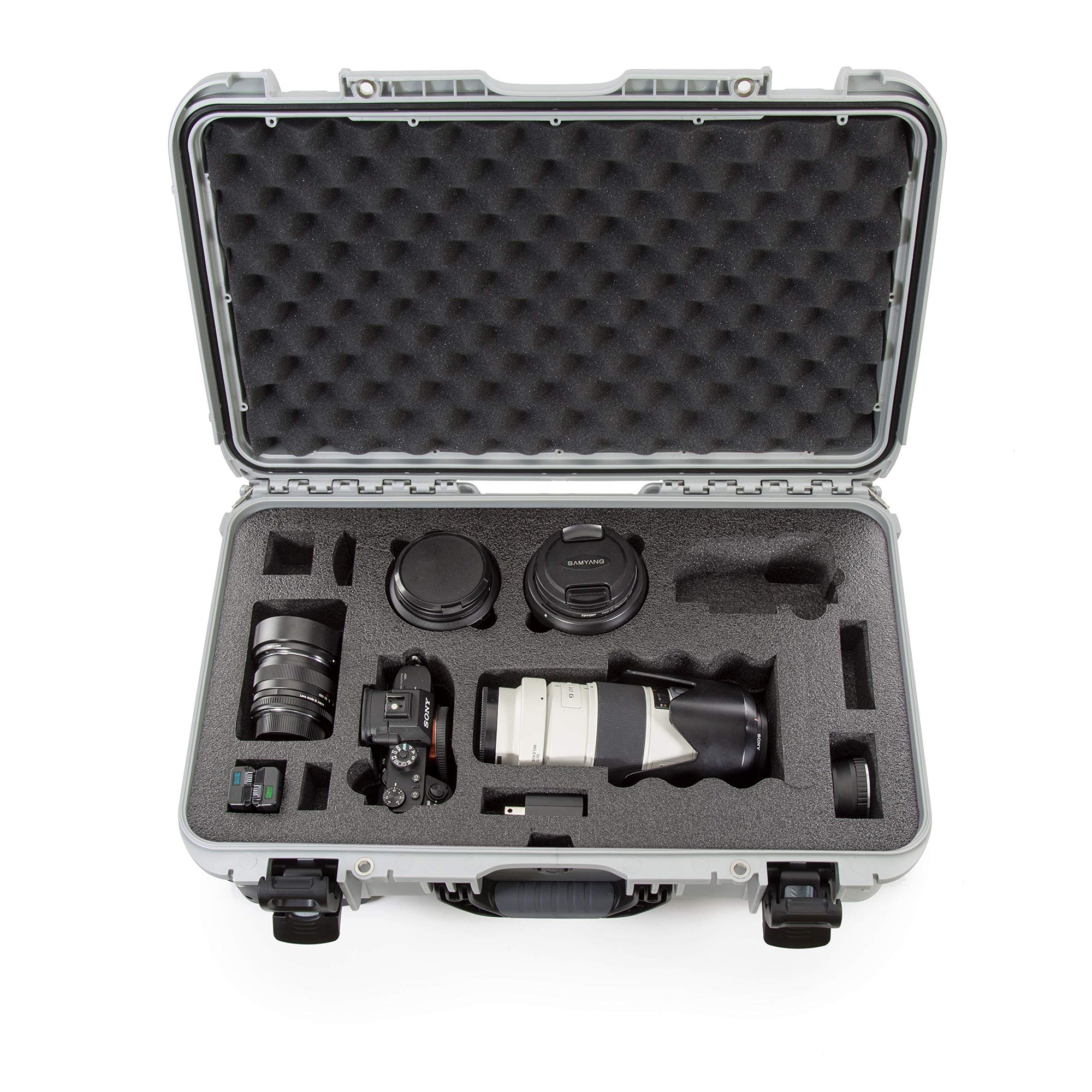 Waterproof Nanuk 935 Carry-On Hard Case with Custom Foam Insert for Sony a7R Size Camera w/Wheels - Silver