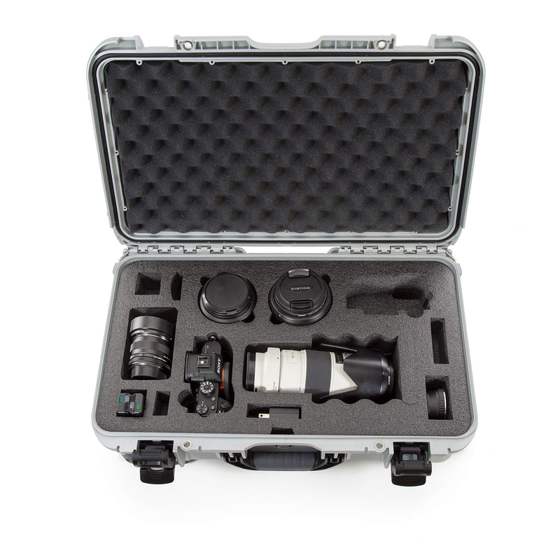 Waterproof Nanuk 935 Carry-On Hard Case with Custom Foam Insert for Sony a7R Size Camera w/Wheels - Silver