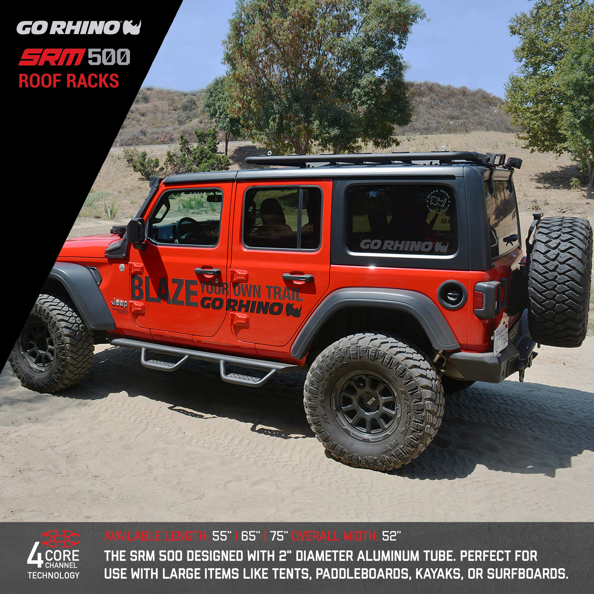 Go Rhino 500 SRM Flat Platform Roof Rack & Clamps | Aluminum, Textured Black, L: 65" x W: 52" | 5935065T | Mounts to Most Cross Bars