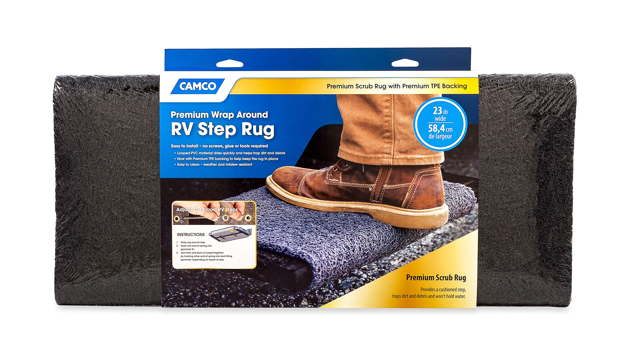 Camco Wrap Around Premium RV Step Rug | Fits 23-inch Wide Steps | Adjustable Depth of 8-inches to 11-inches | Compatible with Manual or Electric RV Steps | Black (42966)