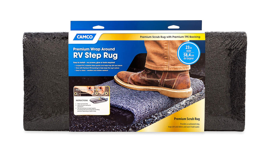 Camco Wrap Around Premium RV Step Rug | Fits 23-inch Wide Steps | Adjustable Depth of 8-inches to 11-inches | Compatible with Manual or Electric RV Steps | Black (42966)