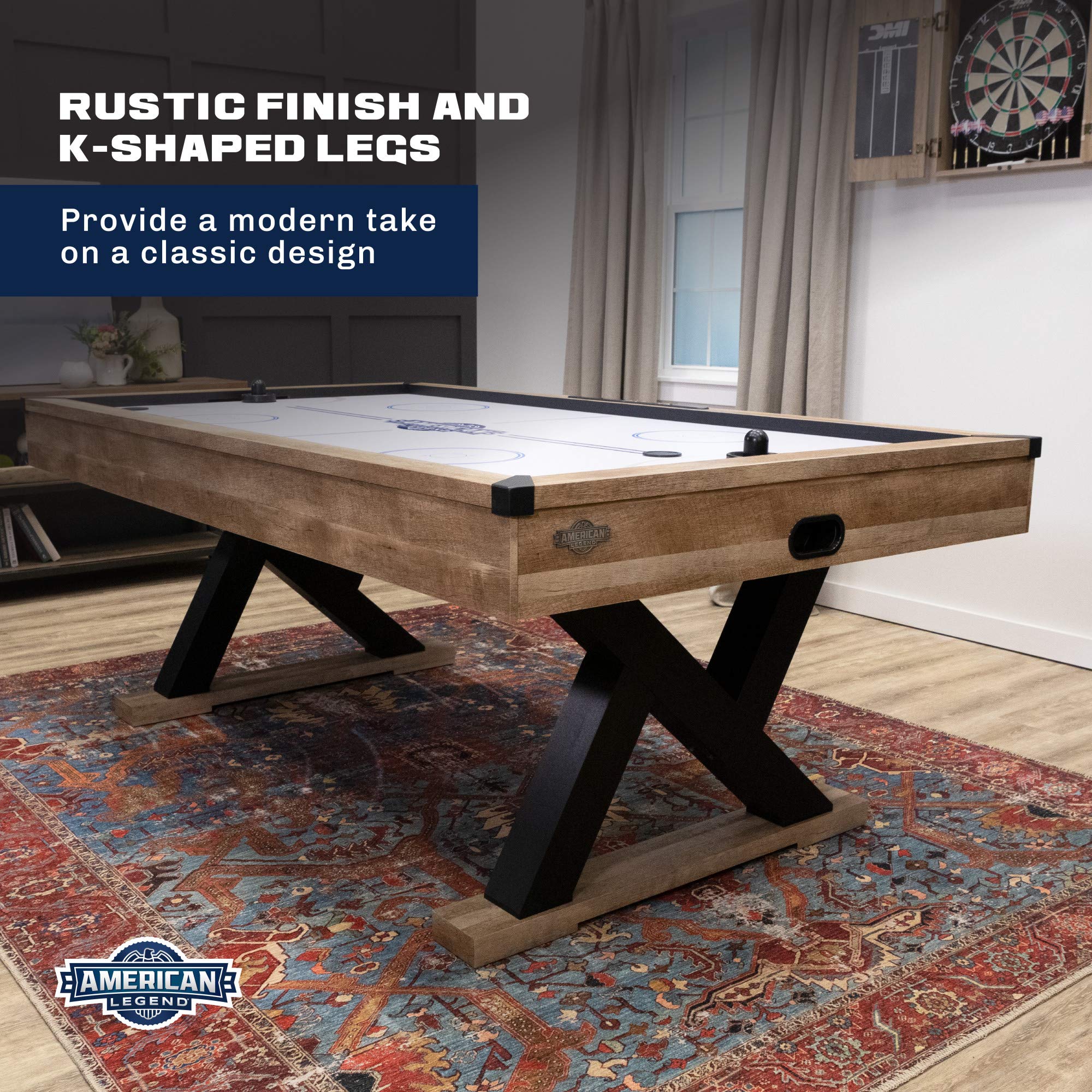 Kirkwood American Legend 84” Air Powered Hockey Table with Rustic Wood Finish, K-Shaped Legs and Modern Design
