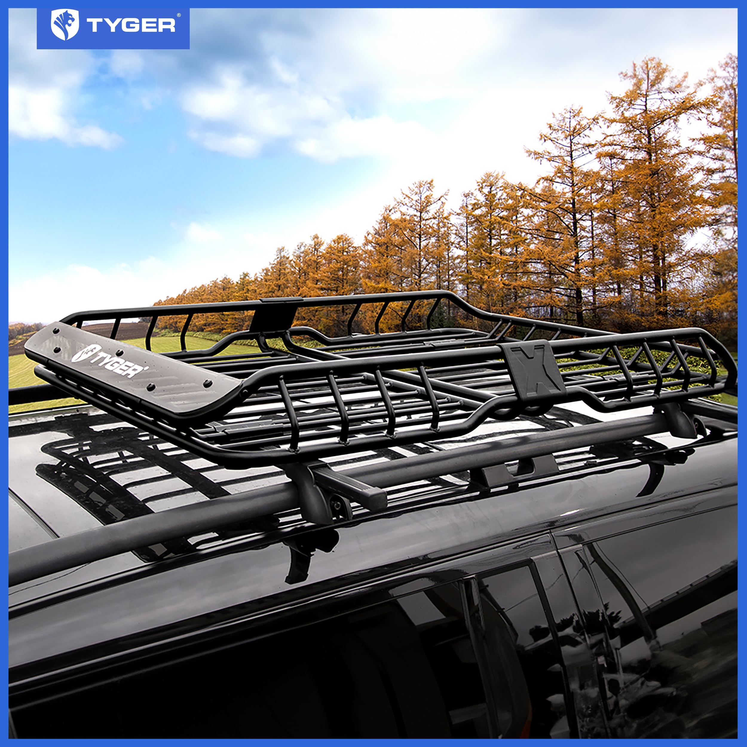Tyger Auto Heavy Duty TG-RK1B942B Roof Mounted Cargo Basket Rack | L57.5 x W42 x H6 | Roof Top Luggage Carrier | with Wind Fairing, Black