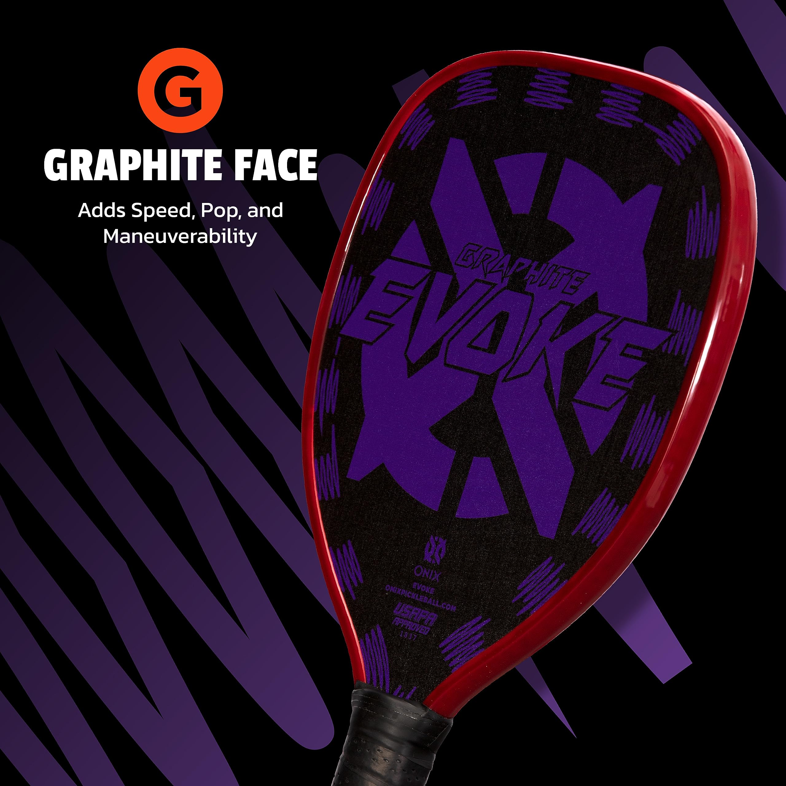 Onix Evoke Graphite Tear Drop Pickleball Paddle Features Tear Drop Shape, Polypropylene Core, and Graphite Face, Purple