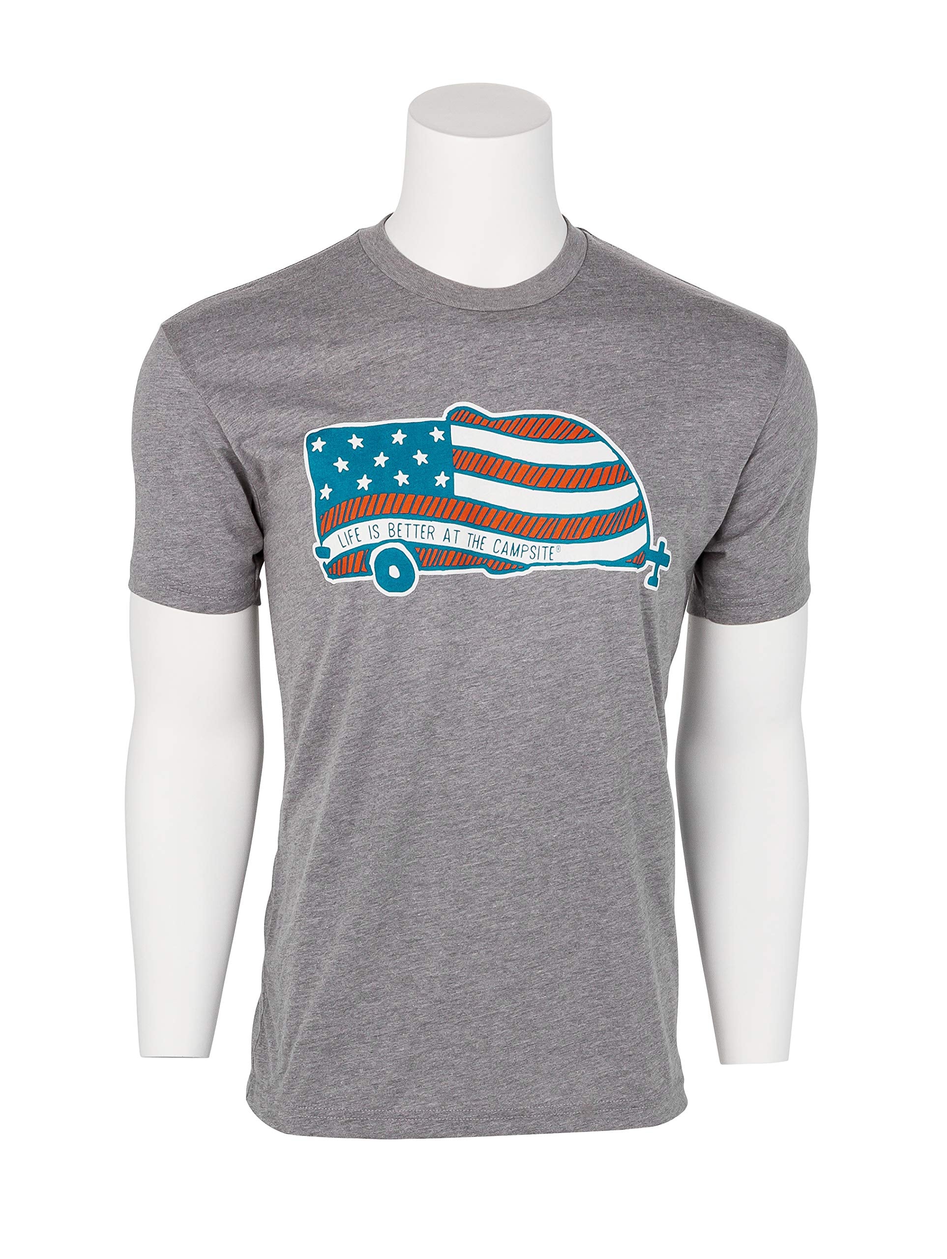 Camco Crew Neck Life is Better at The Campsite Short Sleeve T-Shirt | Features Soft Ring-Spun Cotton Fabric, American Flag Camper Design on Athletic Grey, and is Machine Washable | Small (53330)