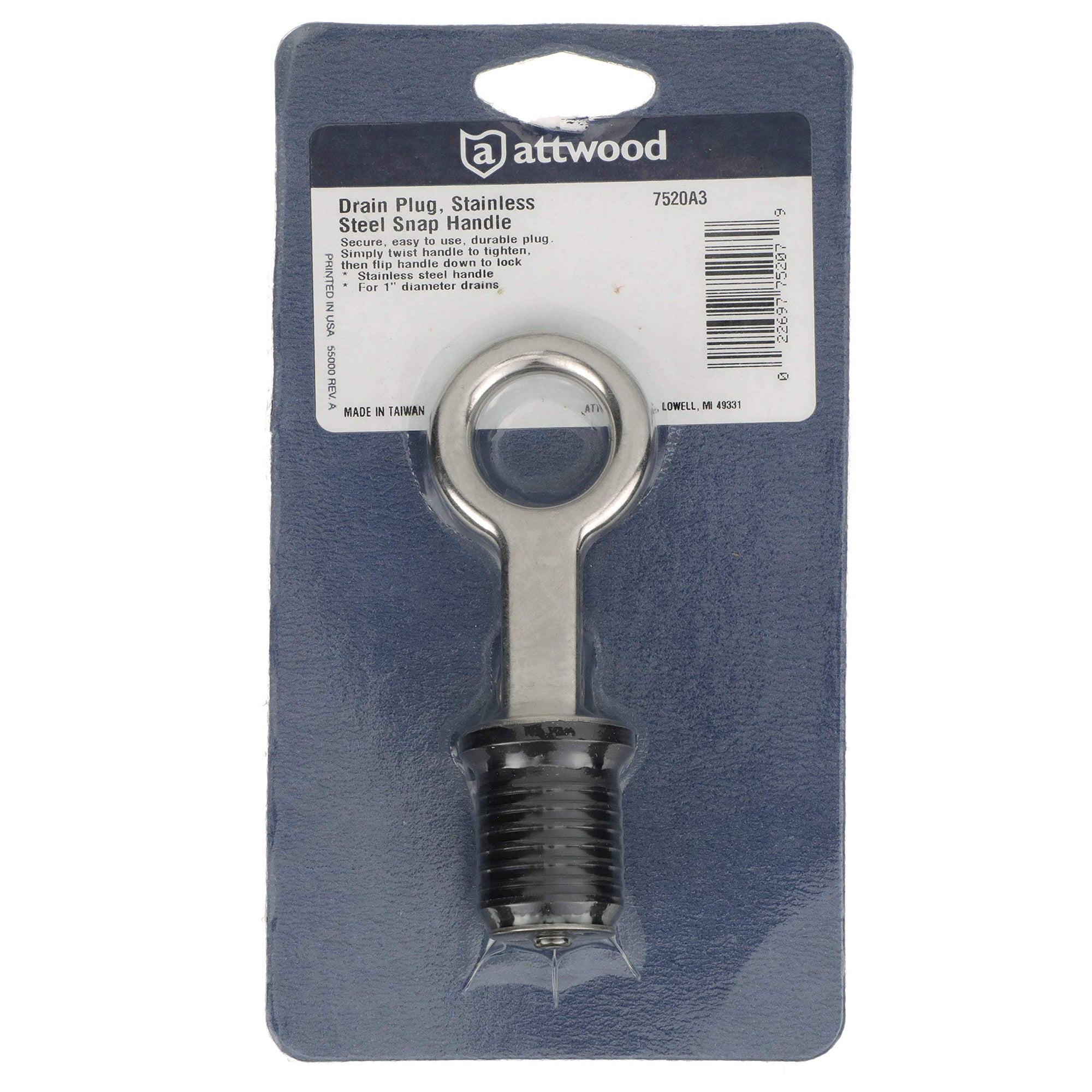 Snap-Handle Drain Plug Attwood 7520A3, for 1-Inch-Diameter Drains, Locks in Place, Steel Handle, Rubber Plug