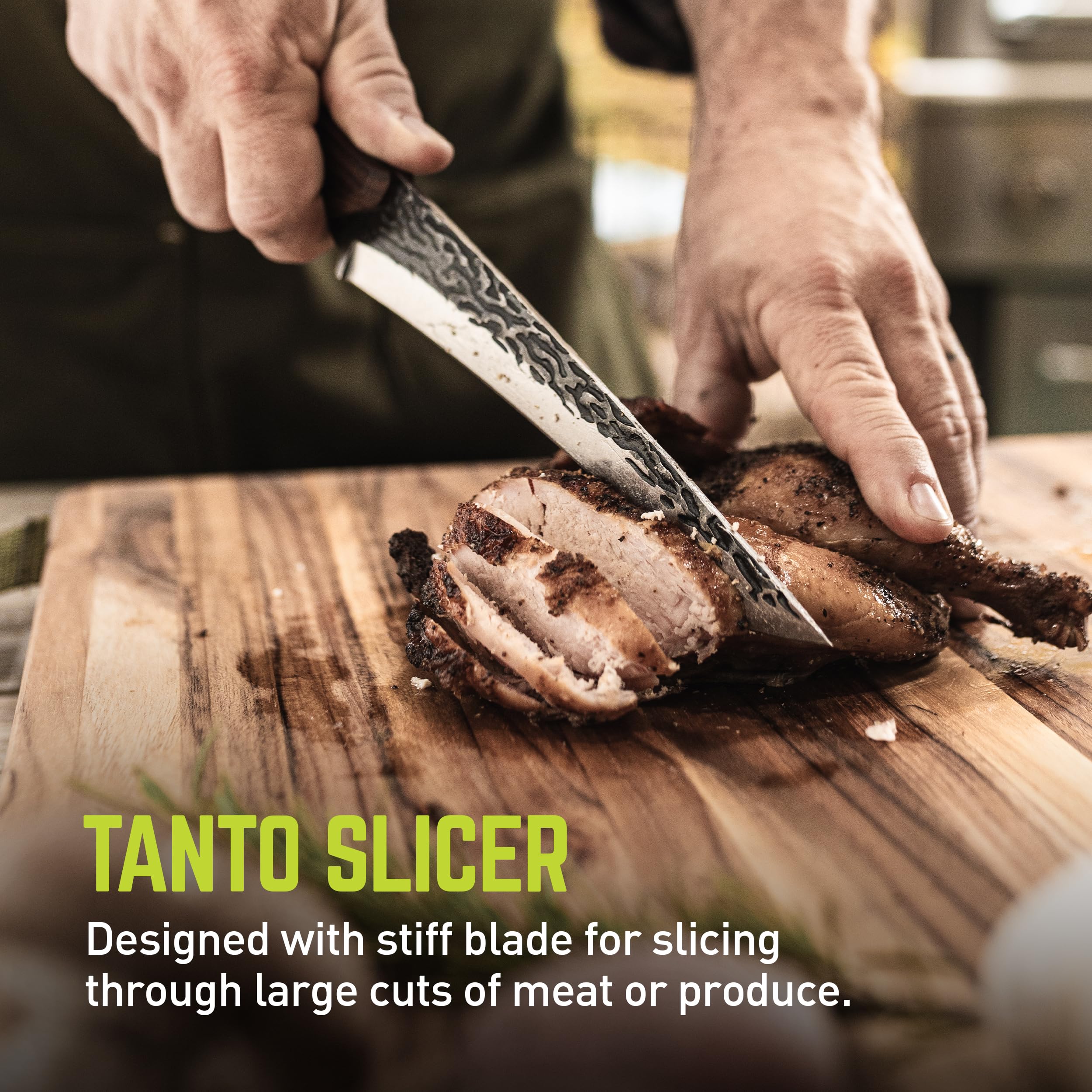 PrimalForge TRUE Tanto Slicer Knife | Cutlery Knife, All-Purpose, Precision Carving Cutting & Boning, 5Cr15MoV Stainless Steel, Wood Handle, Water-Resistant, Hand Forged Appearance