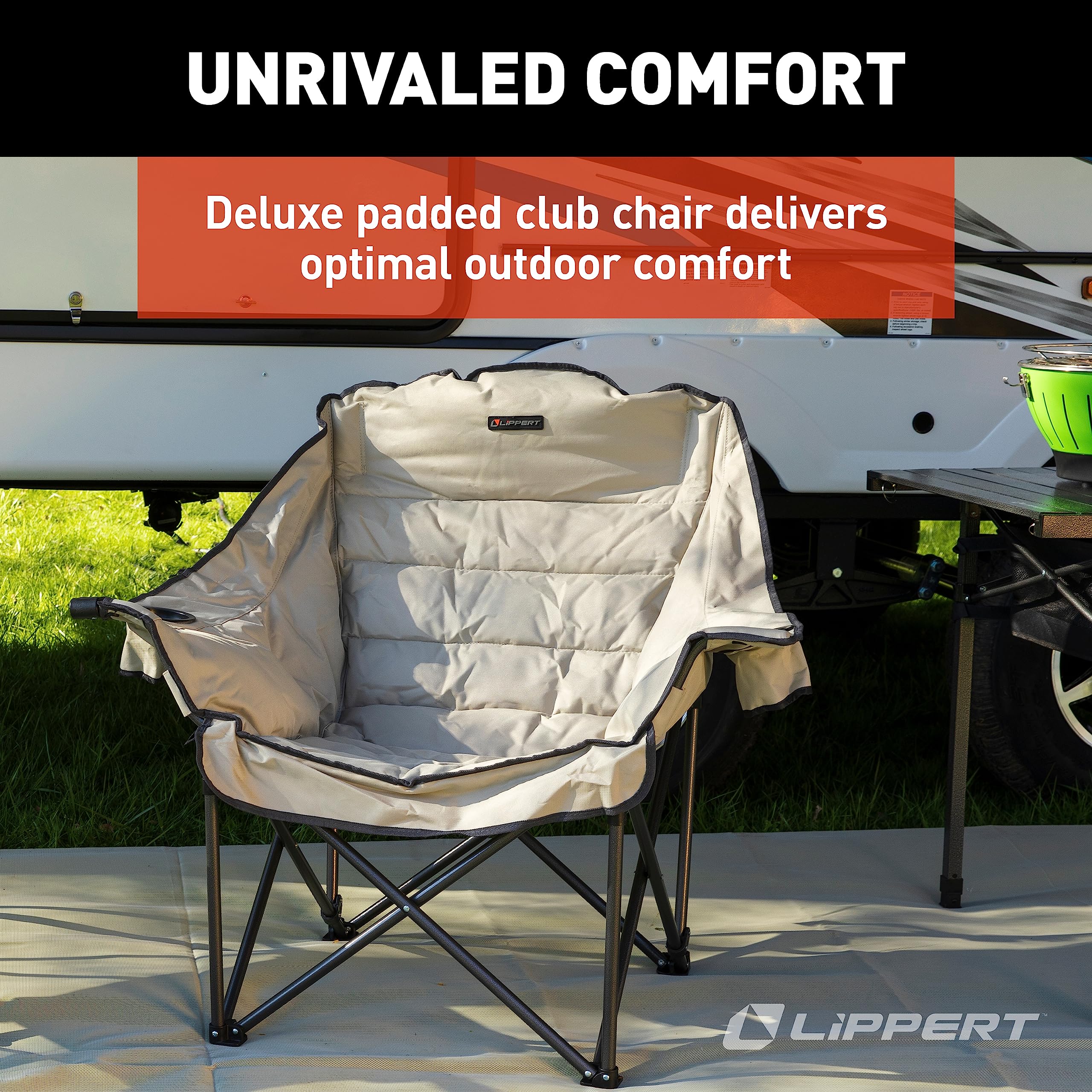 Lippert Big Bear Camping Chair Club - Sand, Comfortable Foldable Chair, Oversized Pillow Cushions, Dual Cupholders, Powder Coated Steel, 600D Polyester Fabric, 400 lb. Capacity, 2022114813