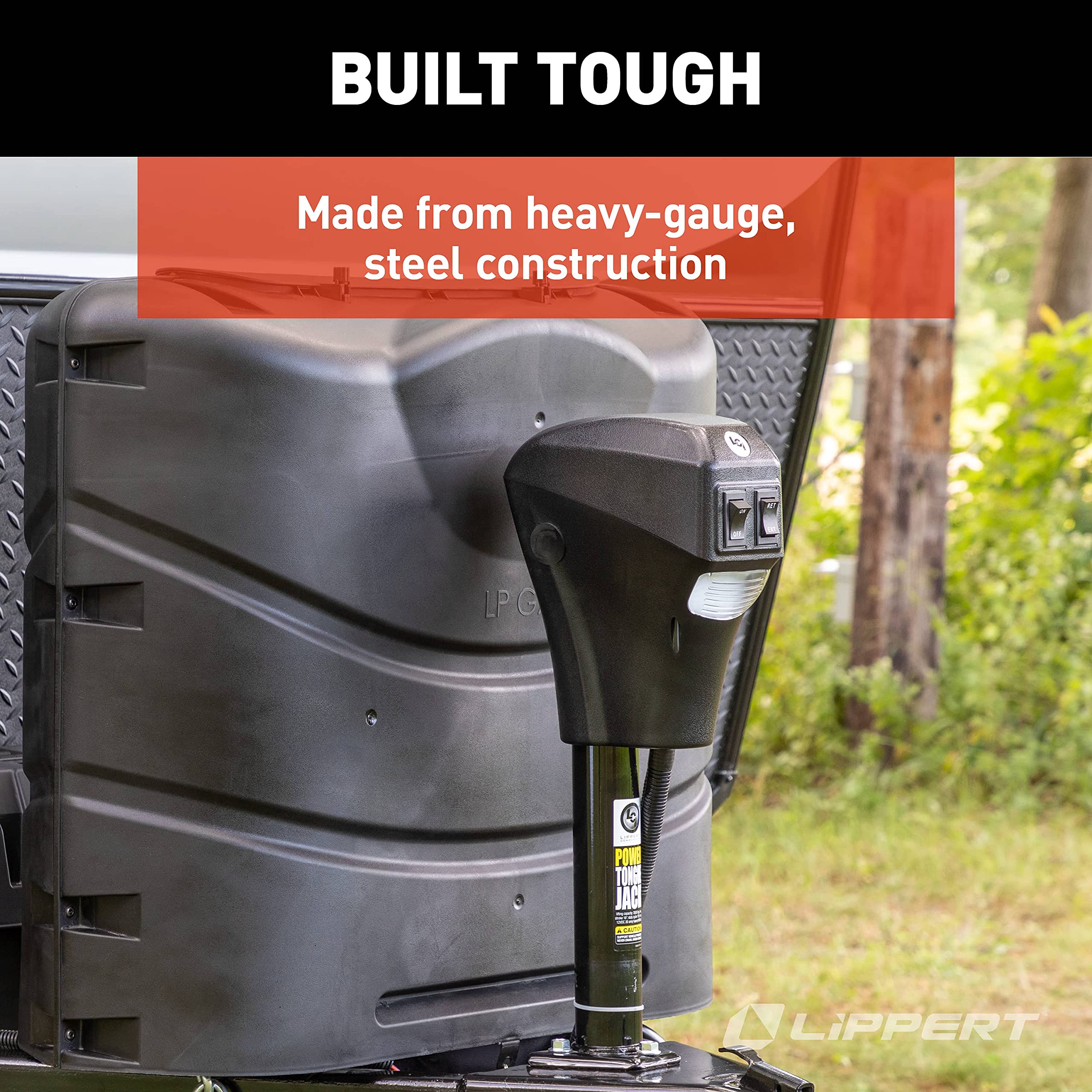 Power Tongue Jack Lippert Electric Trailer A-Frame, 3,500 lbs. 18-Inch Stroke, 5.4-Inch Foot Pad, Durable Textured Casing, Emergency Manual Crank Override, 10.75" Retracted, 28.75" Extended - 285318