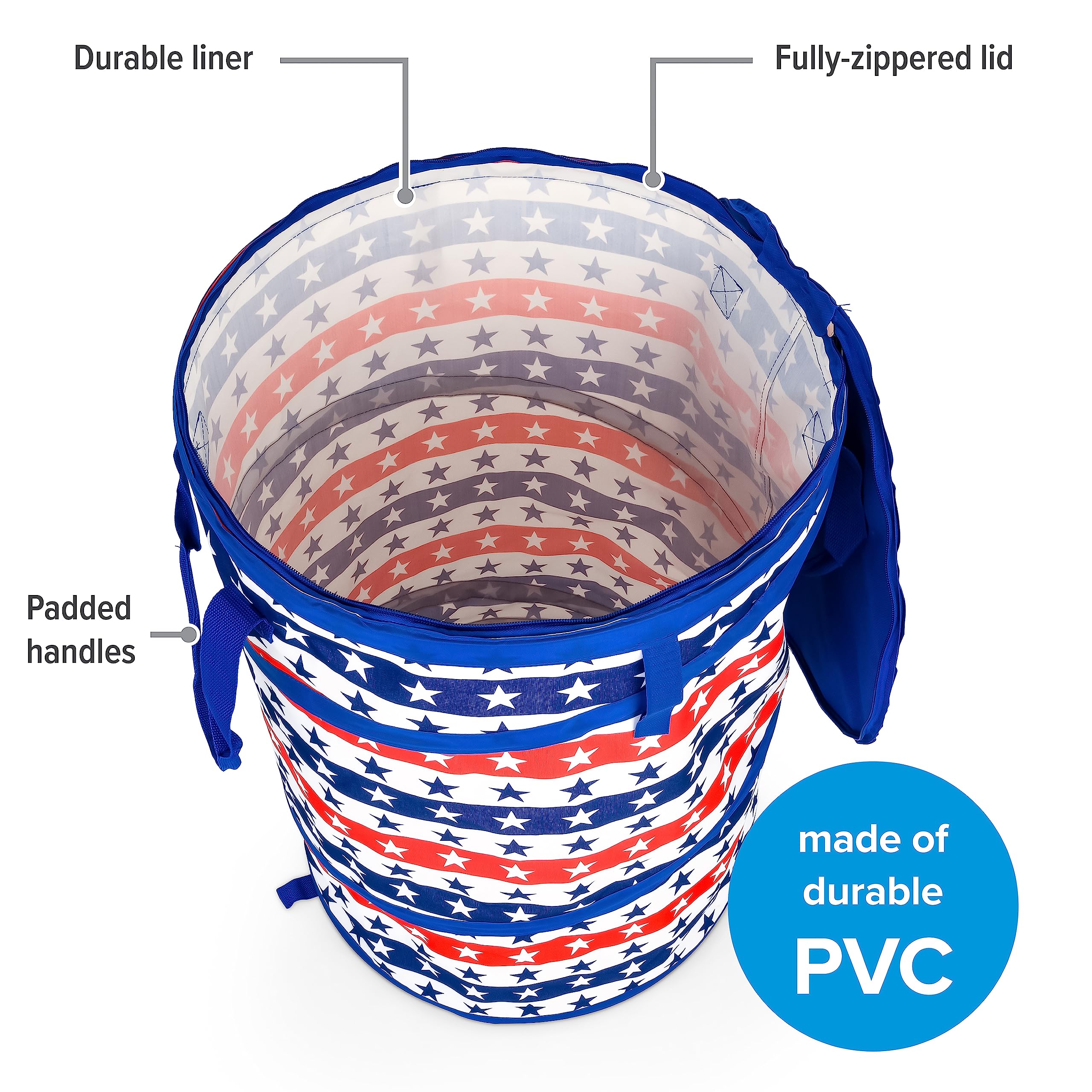 Camco RV Pop-Up Utility Container Life is Better at The Campsite - Features Red, White, and Blue Patriotic Theme & Holds 30-Gal. Kitchen-Size Trash Bags - Includes Heavy-Duty Stake (51993)