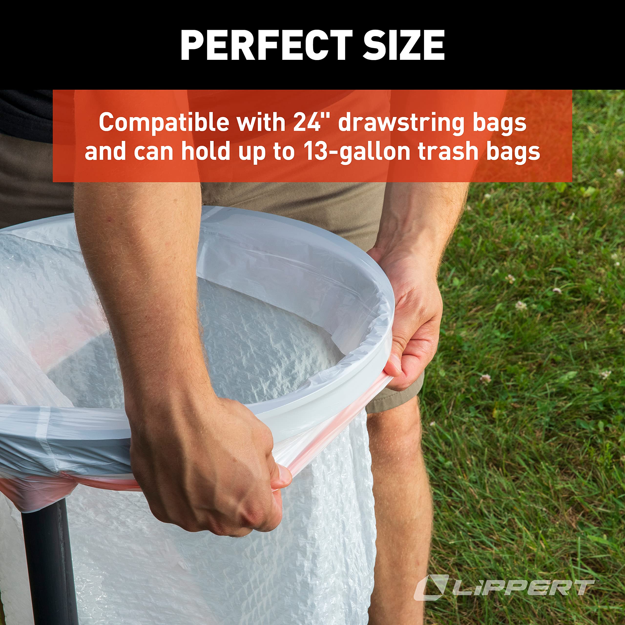 Lippert Trash Bag Holder Portable and Collapsible, Holds 13 Gallon Bags, Easy to Assemble, Perfect for Camping, Boating, Tailgating and Yardwork - 2022105716