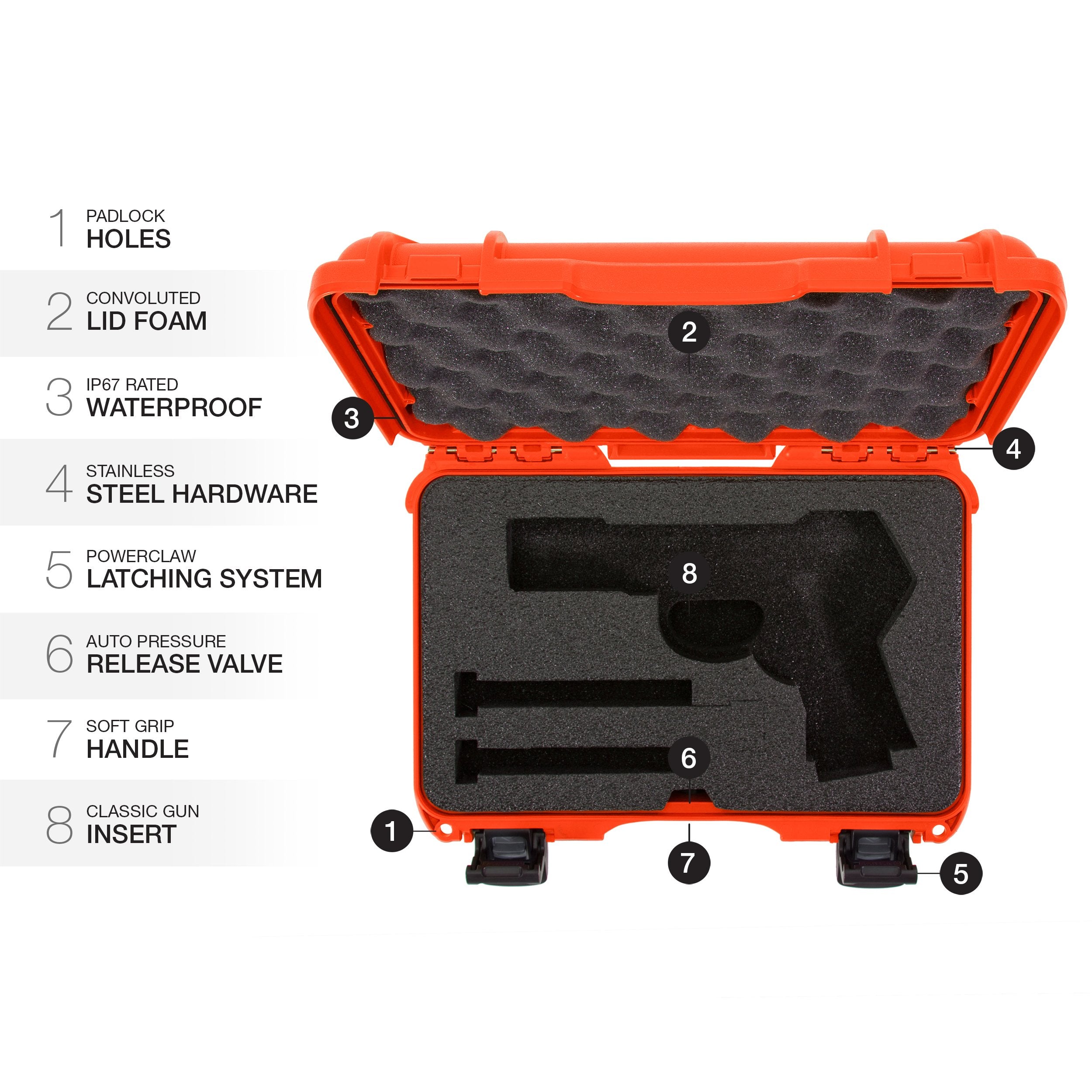 Nanuk Waterproof 909 Classic Pistol/Gun Case, Military Approved with Custom Insert - Orange