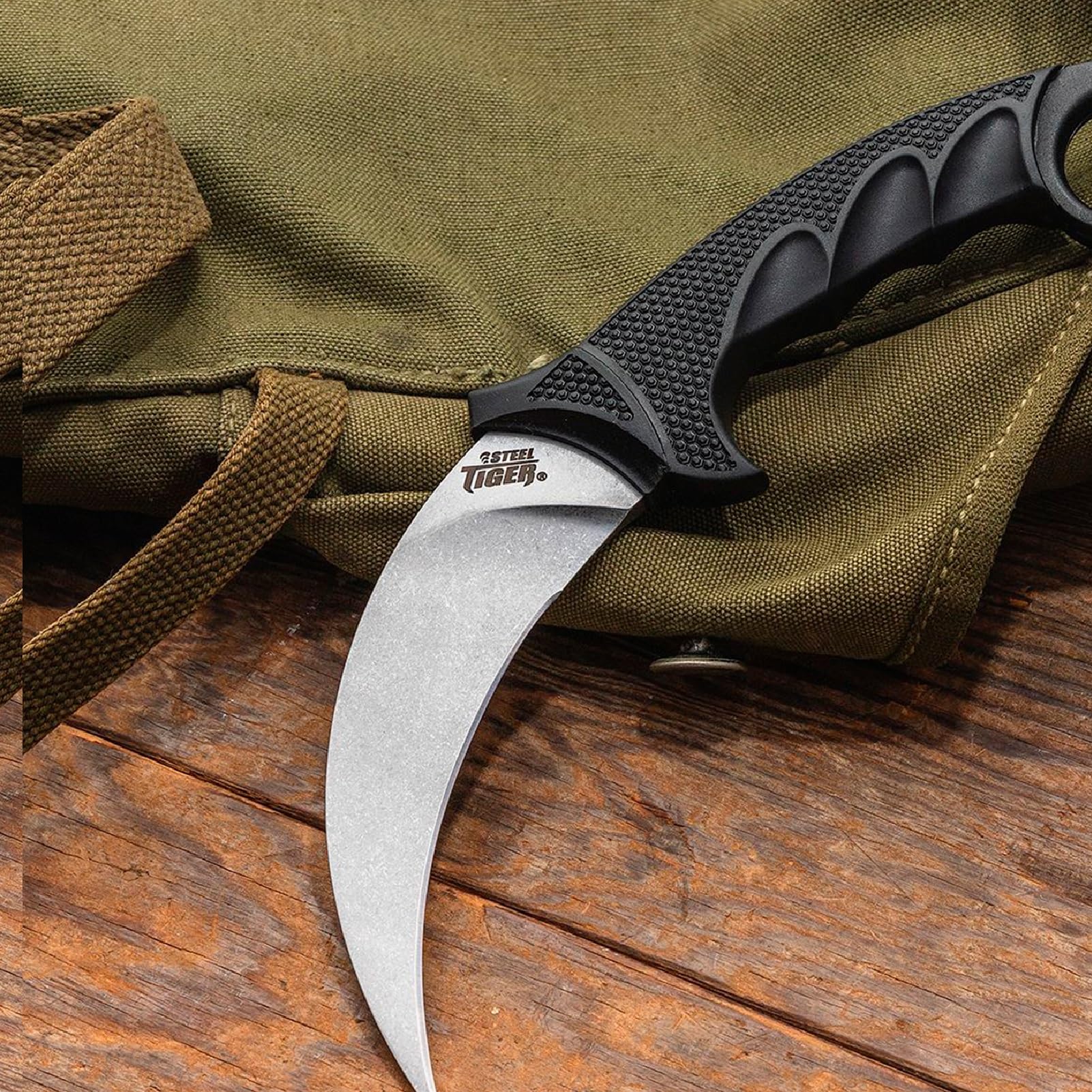 Tiger Cold Steel 4.75'' Japanese Aus8A Stainless Steel W/ Stonewashed Finish Karambit Shape Fixed Blade Tactical Hunting Knife, Kray-Ex Handle, Secure-Ex Sheath