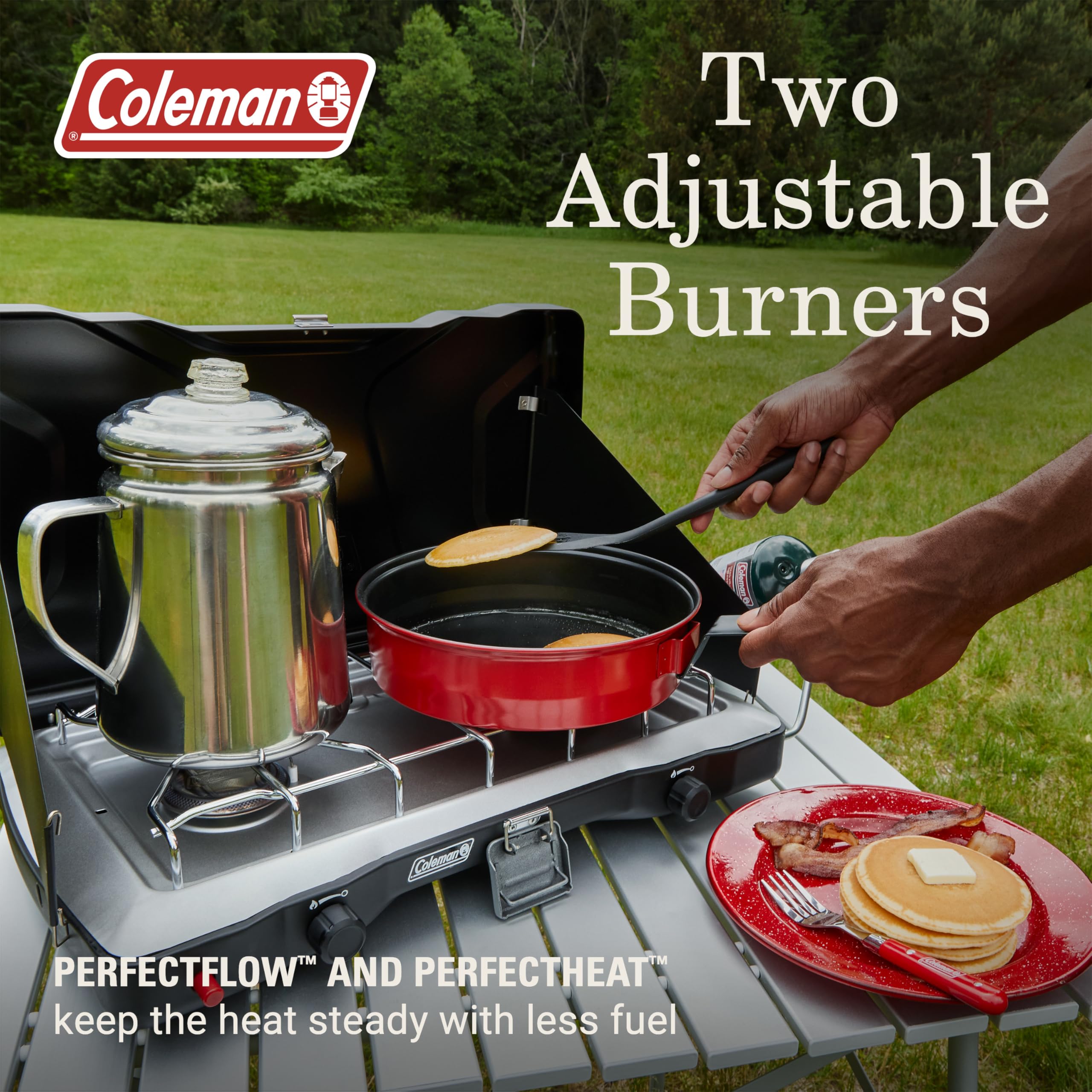 Triton+ Coleman 2-Burner Propane Camping Stove with InstaStart Ignition, Portable Camping Cooktop with 2 Adjustable Burners & Wind Guards, 22,000 BTUs of Power for Camping, Tailgating, Grilling