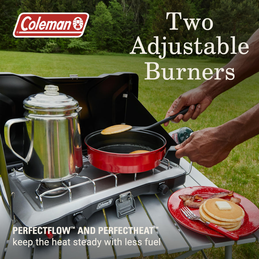 Triton+ Coleman 2-Burner Propane Camping Stove with InstaStart Ignition, Portable Camping Cooktop with 2 Adjustable Burners & Wind Guards, 22,000 BTUs of Power for Camping, Tailgating, Grilling