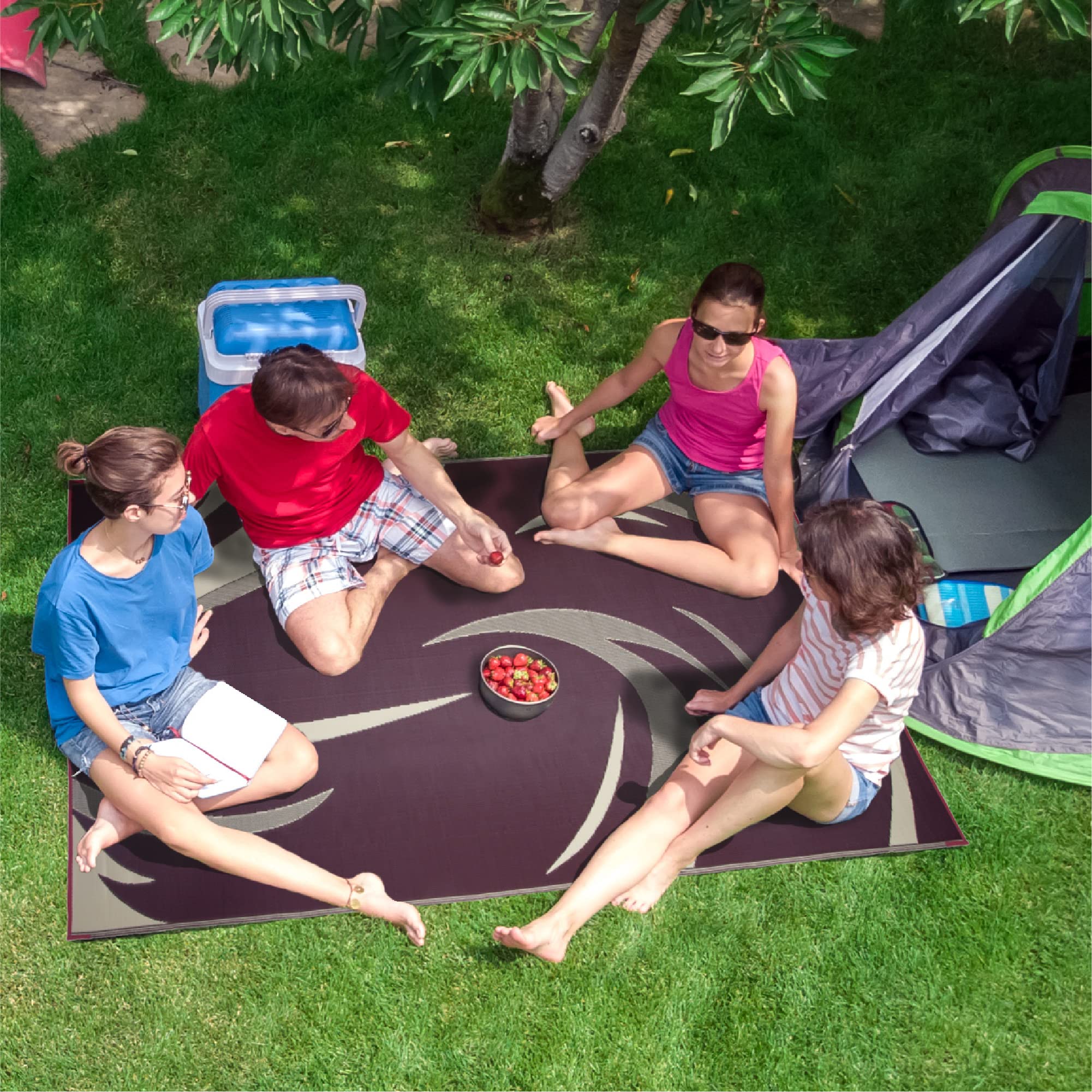 Camping Stylish SD8185 8-Feet x 18-Feet Graphic Swish Outdoor RV Reversible Patio Mat, Burgundy/Tan