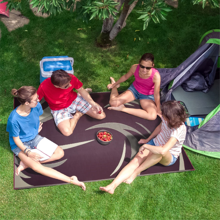 Camping Stylish SD8185 8-Feet x 18-Feet Graphic Swish Outdoor RV Reversible Patio Mat, Burgundy/Tan