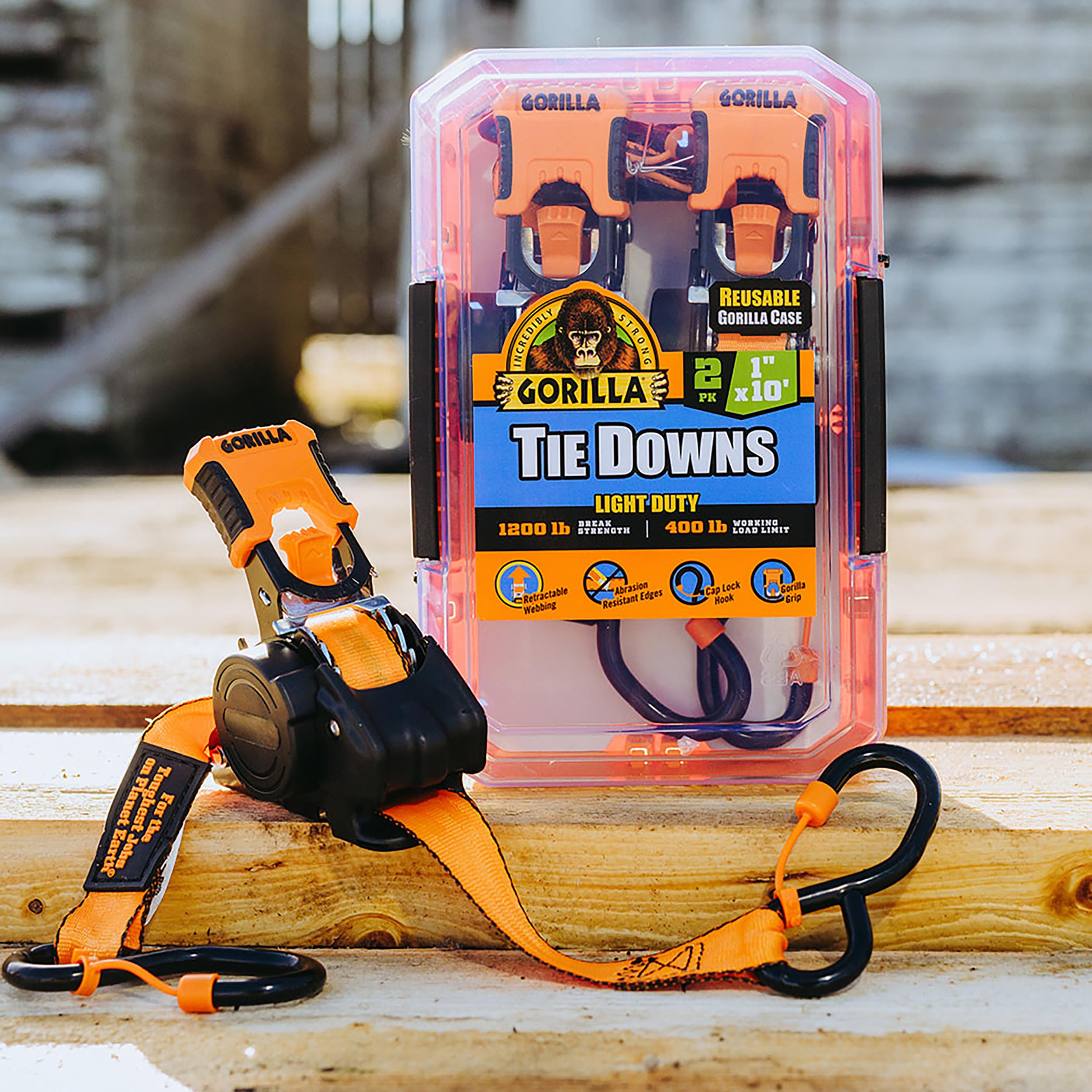 Gorilla Tie Down Ratchet Straps (2Pack) 1in x 10ft 1200lb Break Strength, Self-Locking Retractable, Heavy-Duty Orange Webbing, Gorilla-Grip Handles, Cap Locks, E-Coated Ratchets, Vinyl Hooks for Cargo