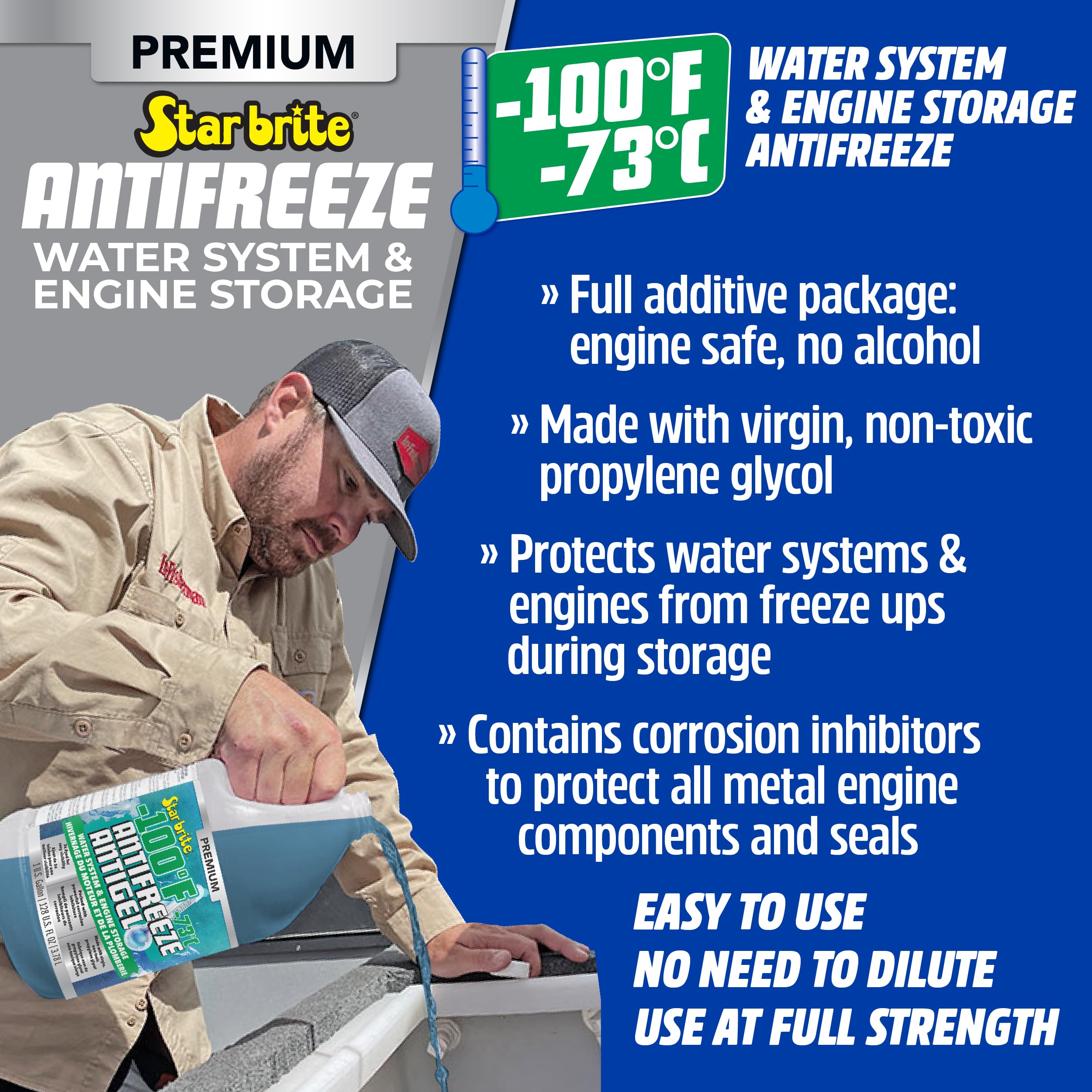 Premium STAR BRITE -100°F Non-Toxic Antifreeze for RVs, Boats & Water Systems, Propylene Glycol Formula, Corrosion Protection, Ready-to-Use Winterizing Fluid