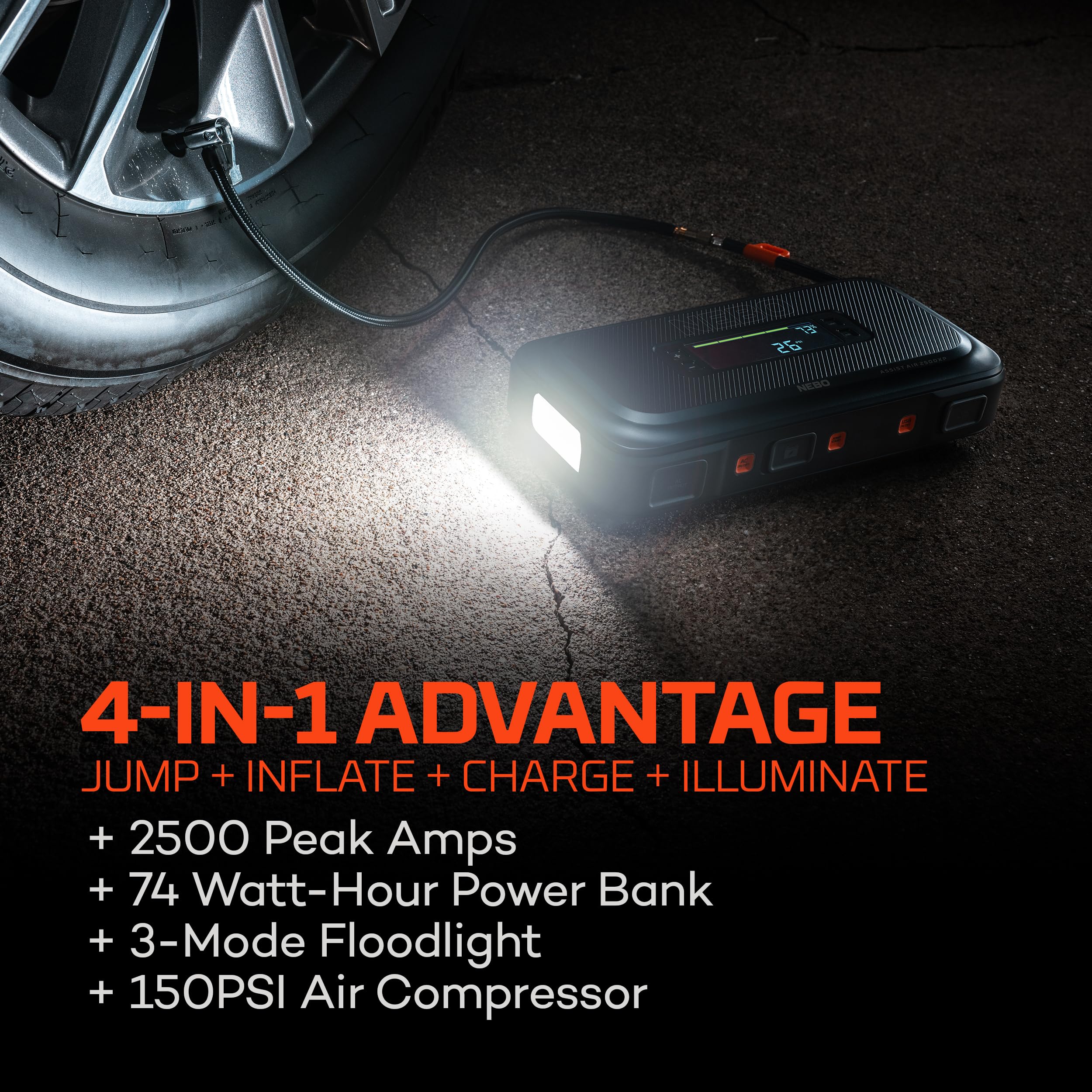 NEBO 2500XP+ Assist Air Jump Starter and Compressor | 4-in-1 2500 Amps Car Jump Starter, Air Compressor 150 PSI, Charger, and Floodlight, USB Compatible, Automotive, Emergency, Spark-Proof Safety