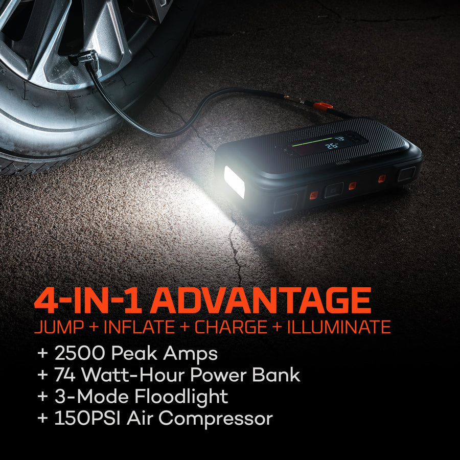 NEBO 2500XP+ Assist Air Jump Starter and Compressor | 4-in-1 2500 Amps Car Jump Starter, Air Compressor 150 PSI, Charger, and Floodlight, USB Compatible, Automotive, Emergency, Spark-Proof Safety