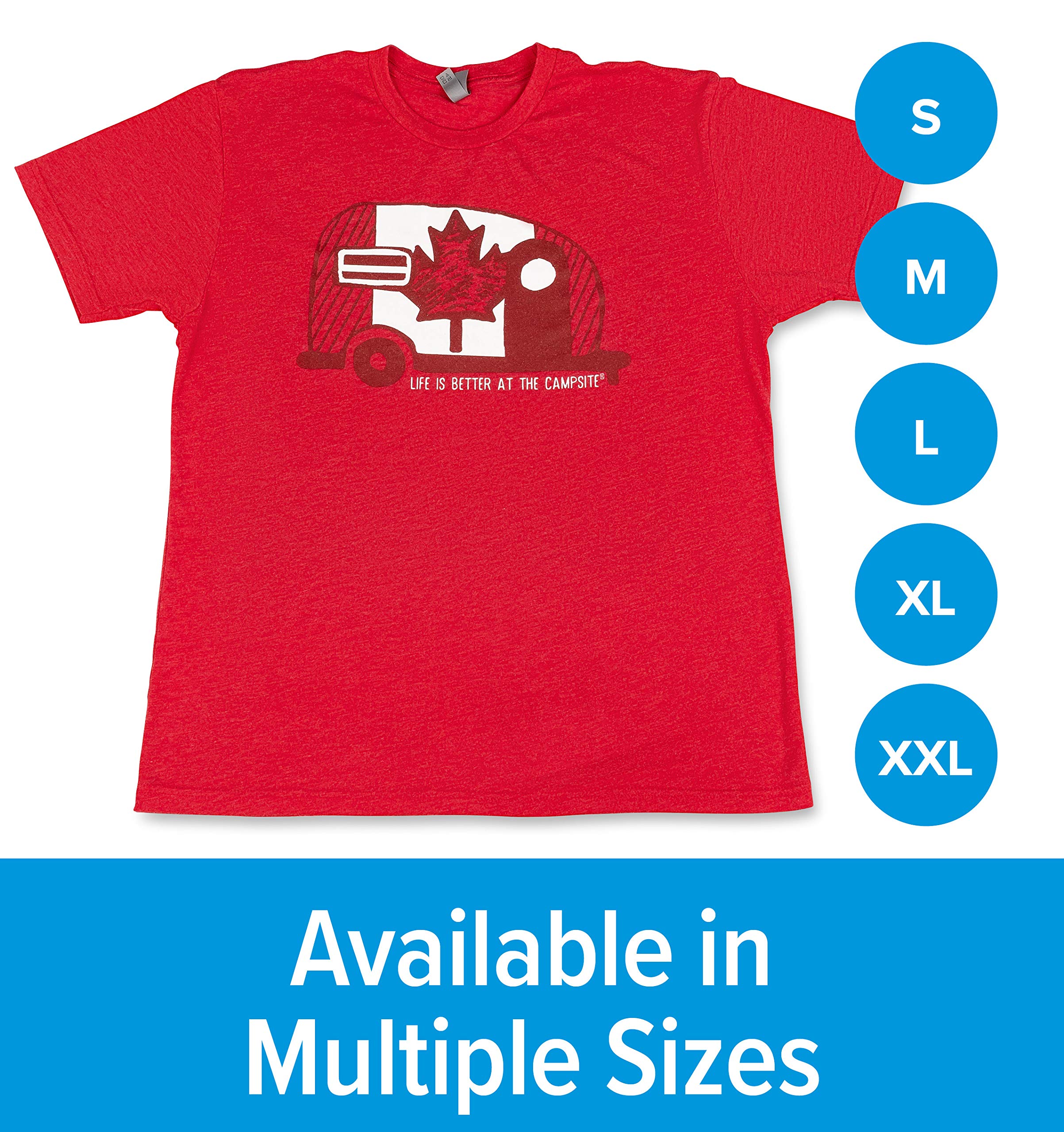 Camco Crew Neck Life is Better at The Campsite Short Sleeve T-Shirt | Features Soft Ring-Spun Cotton Fabric, Canada Flag Camper Design on Vintage Red, and is Machine Washable | Small (53395)