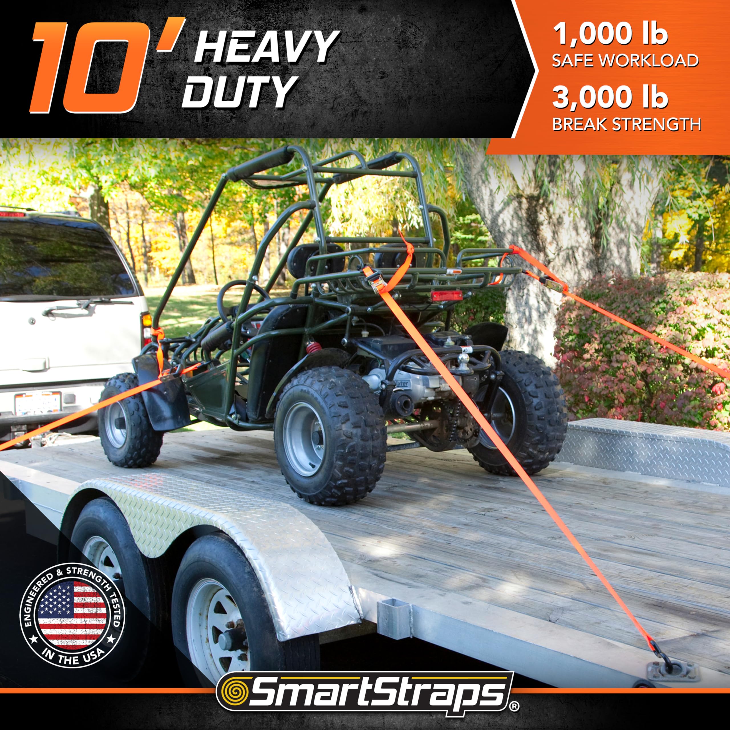 10-Foot SMARTSTRAPS Ratchet Straps (4pk) – 3,000 lbs Break Strength – 1,000 lbs Safe Work Load Haul Heavier Loads Like Motorcycles, Boats and Large Appliances – Heavy-Duty Padded Tie-Downs, ORANGE (149)
