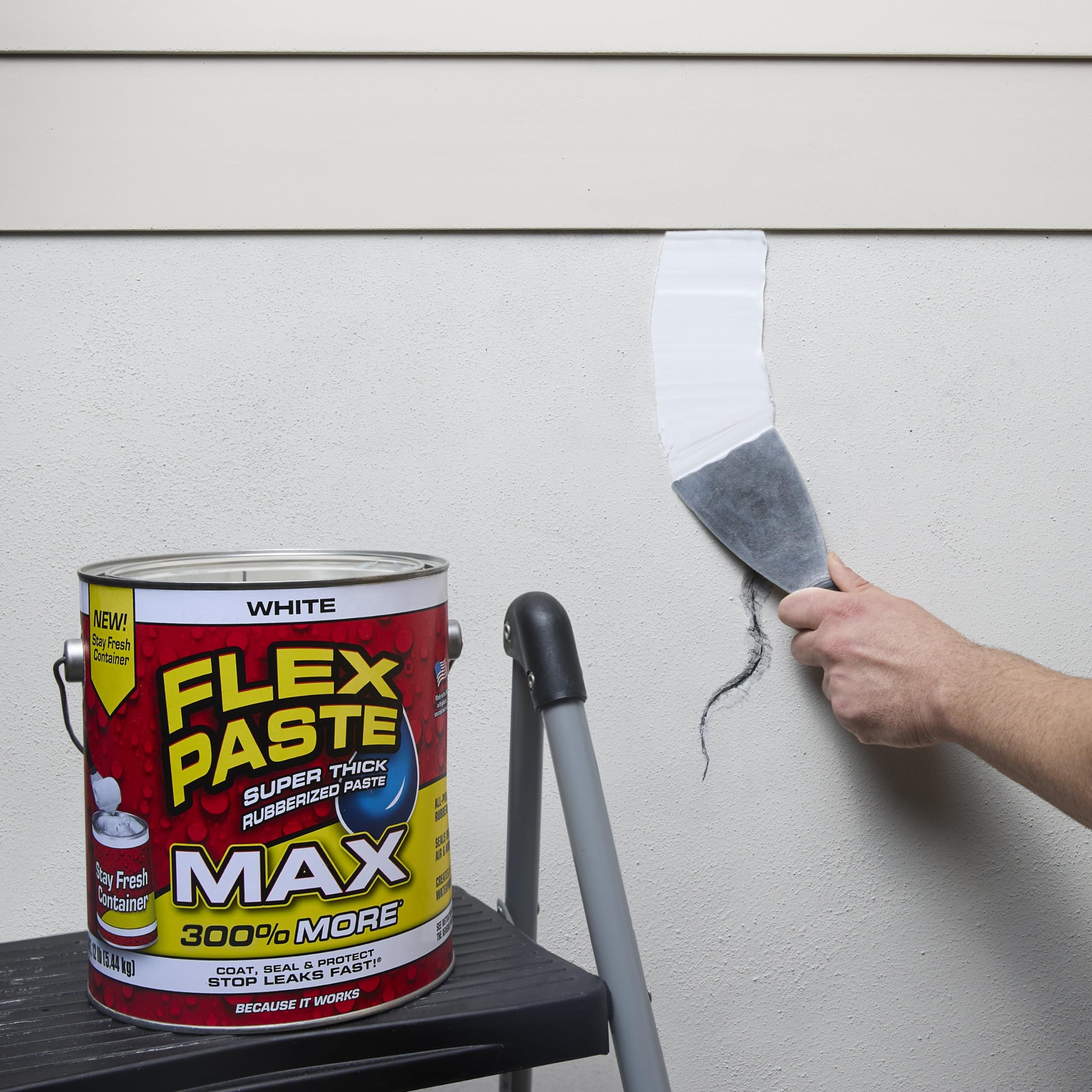 Flex Paste, Paintable Waterproof Putty, Spackle Sealant, Fill Gaps Cracks Holes - Block Out Water and Air - UV Resistant - Walls, Drywall, EPDM, Concrete, Roof, RV Repairs, White, MAX