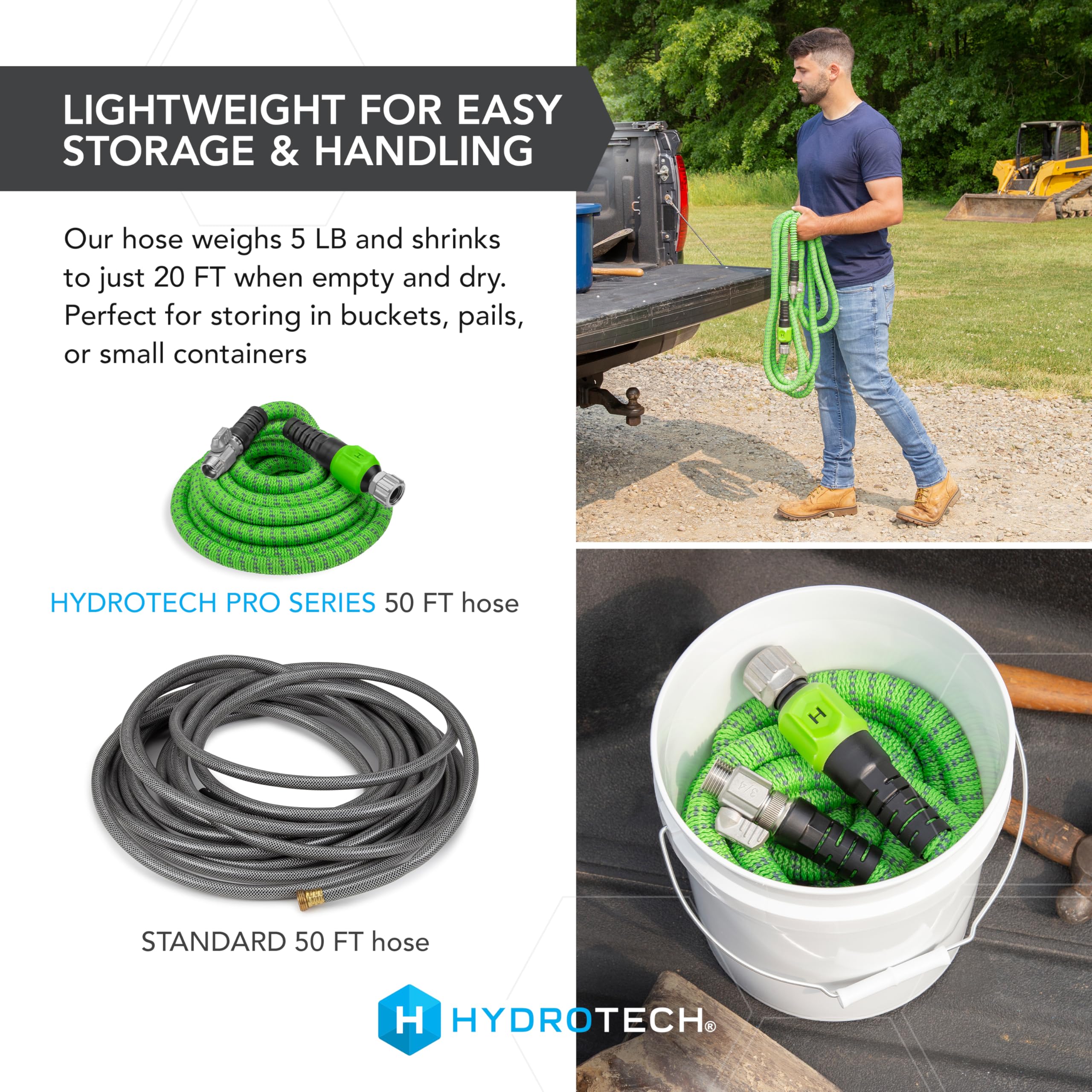 50 ft HydroTech Expandable Garden Hose - Pro Series, 2x Max Flow, 3/4" No-Kink Flexibility, Lightweight Hose for Lawn, Garden, Car Washing, Deck and Patio Cleaning