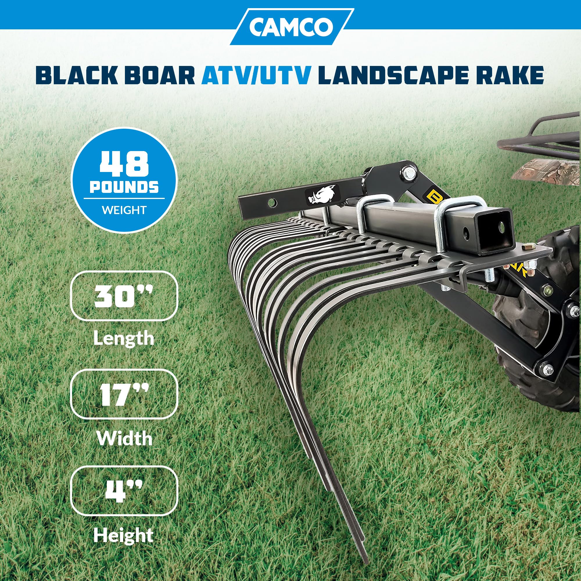 Camco Black Boar Landscape Rake ATV/UTV Implement for Removal of Rock, Grass Clumps and Debris, Prep for Seeding, Cultivate, Establish Food Plot, Maintain Land (66002)